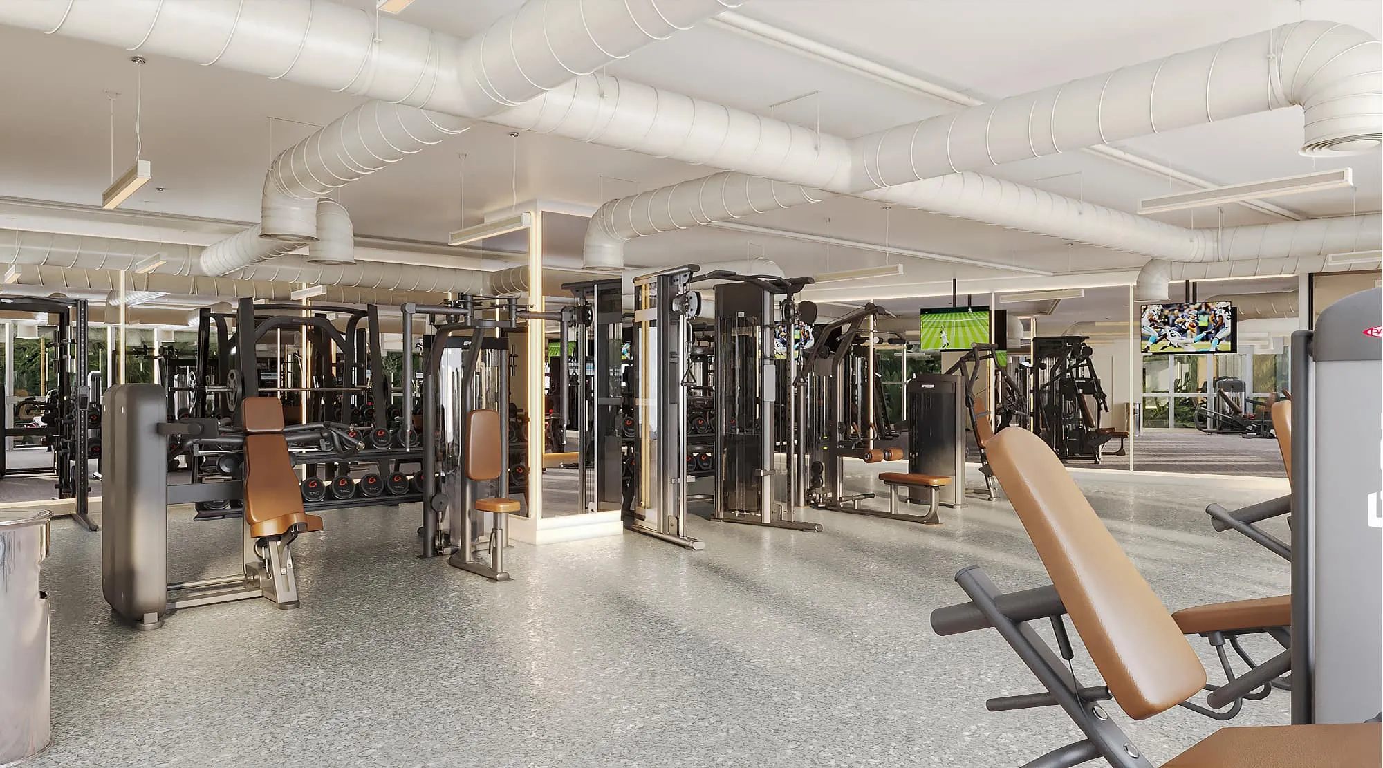 3D rendering of the strength-training area at a residential tower, with rows of selectorized machines and benches in tan upholstery beneath exposed ductwork and a light terrazzo floor.