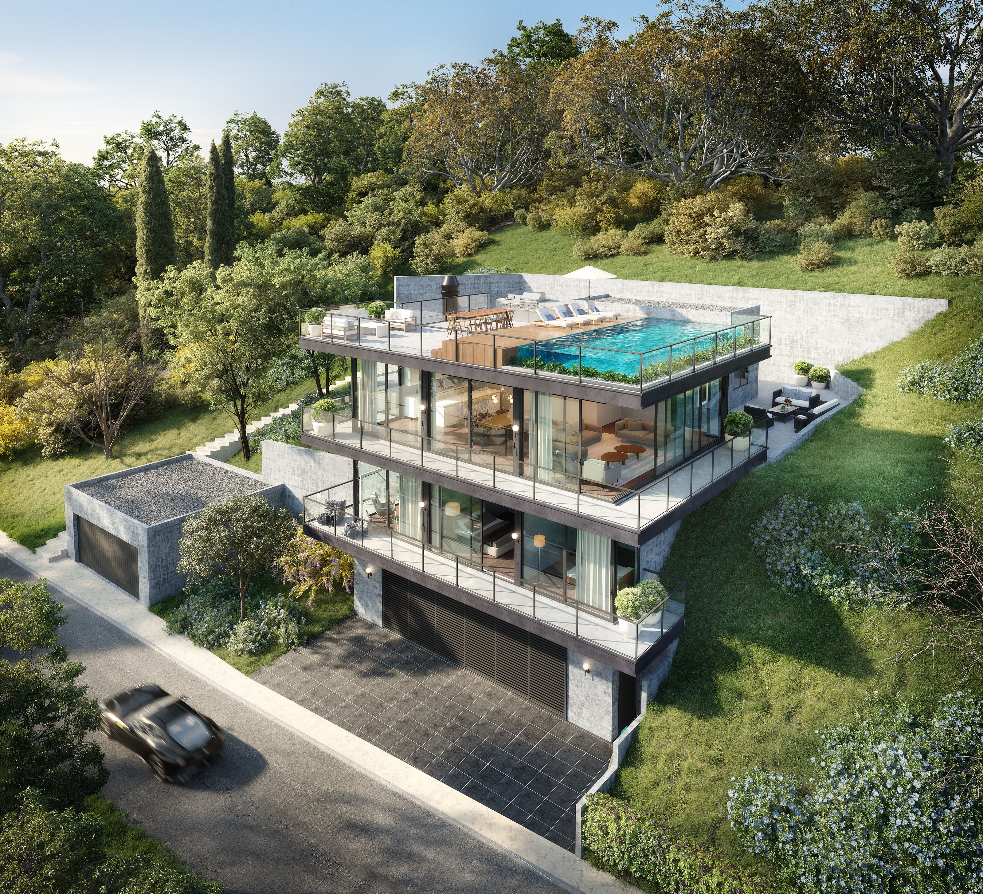 3d exterior rendering of a house with a pool on the side of it