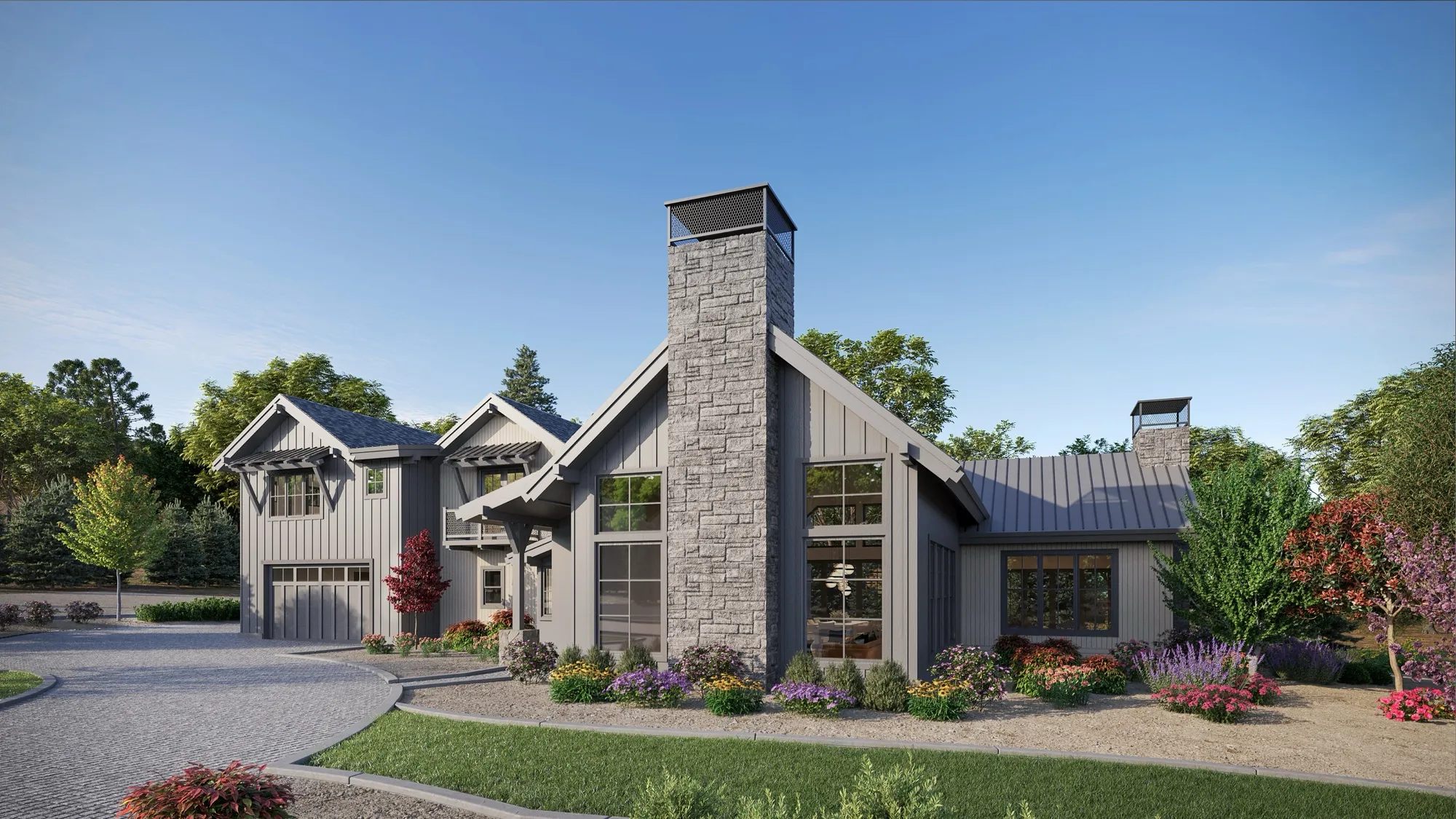 3D exterior rendering of Riverhawk Estate, a modern-farmhouse luxury estate in grey board-and-batten with a stone chimney and metal roof, marketed through a luxury brokerage