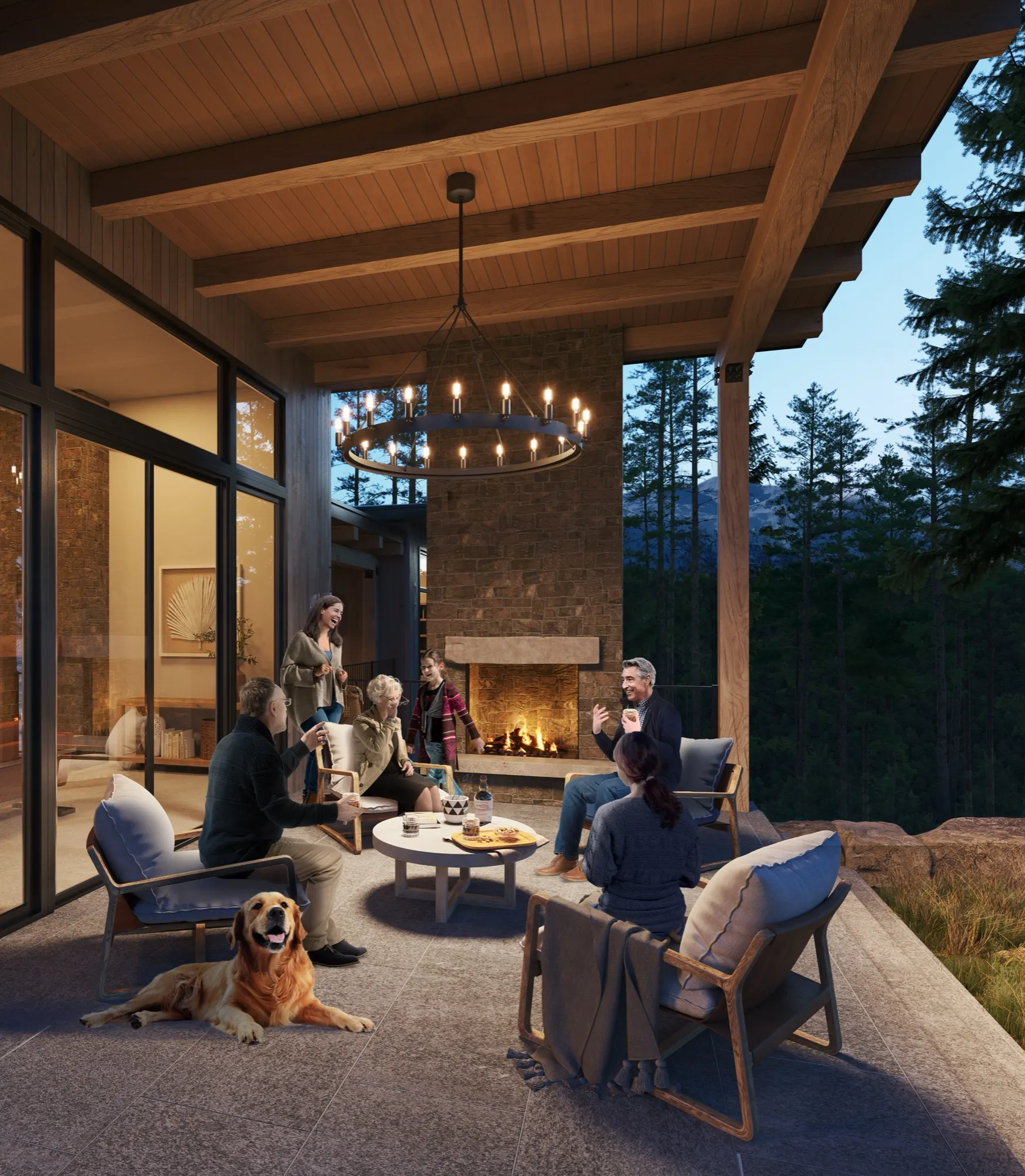 Evening 3D rendering of the covered terrace and stone fireplace at a private mountain home at Saddlehorn, Bigfork, Montana, on Flathead Lake, designed by Rowen Architecture