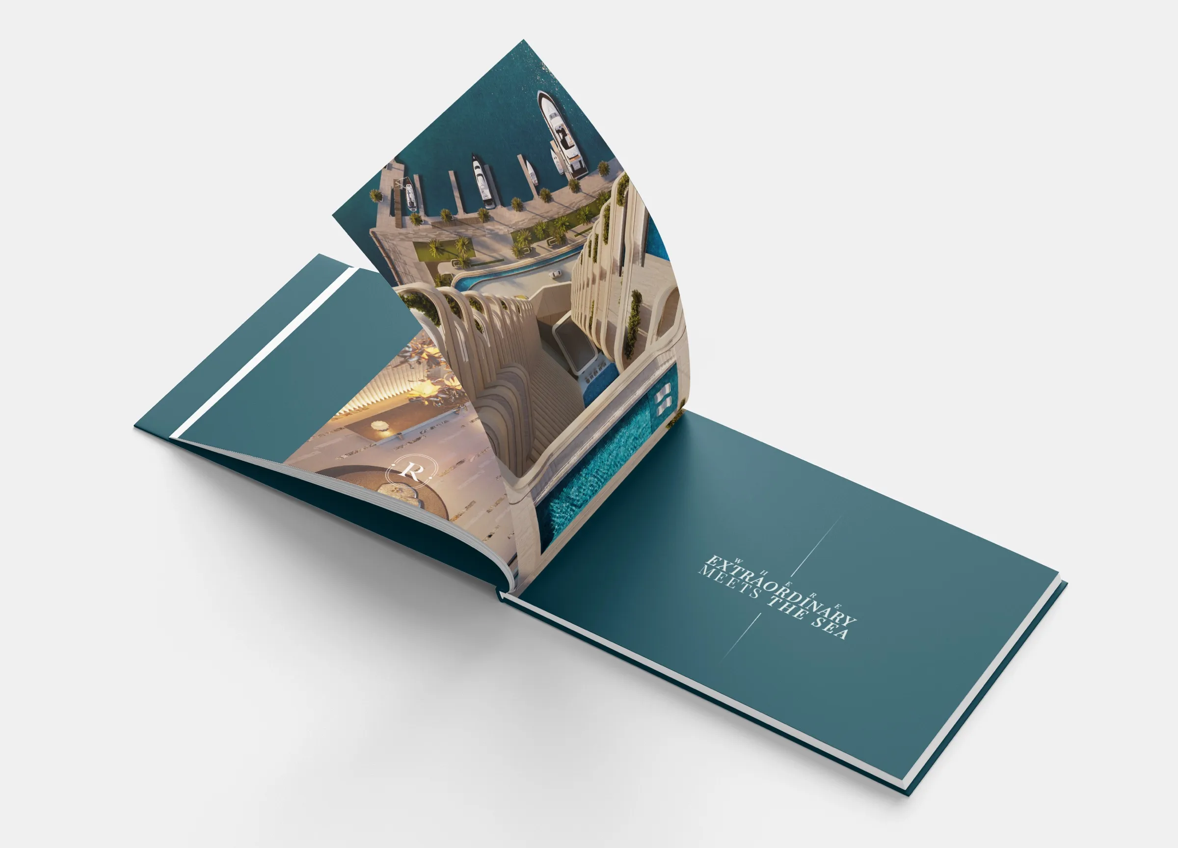 Landscape Sankari Place brochure opening on a top-down 3D rendering of the curved towers, pools, and marina berths, beside the cover line Where Extraordinary Meets the Sea.