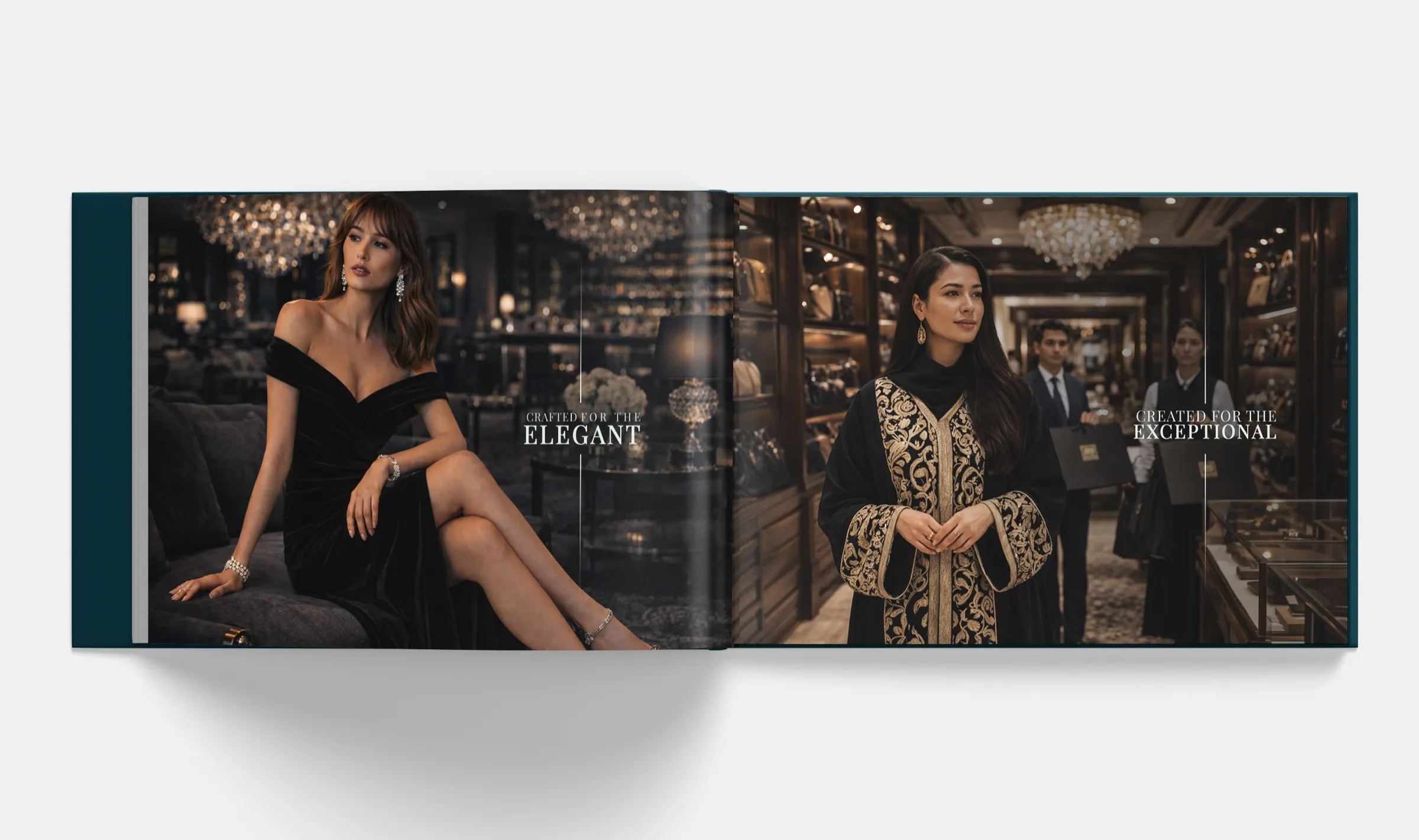 Sankari Place brochure lifestyle spread with residents in evening wear in a lounge and a boutique under crystal chandeliers, titled Created for the Elegant and Created for the Exceptional.