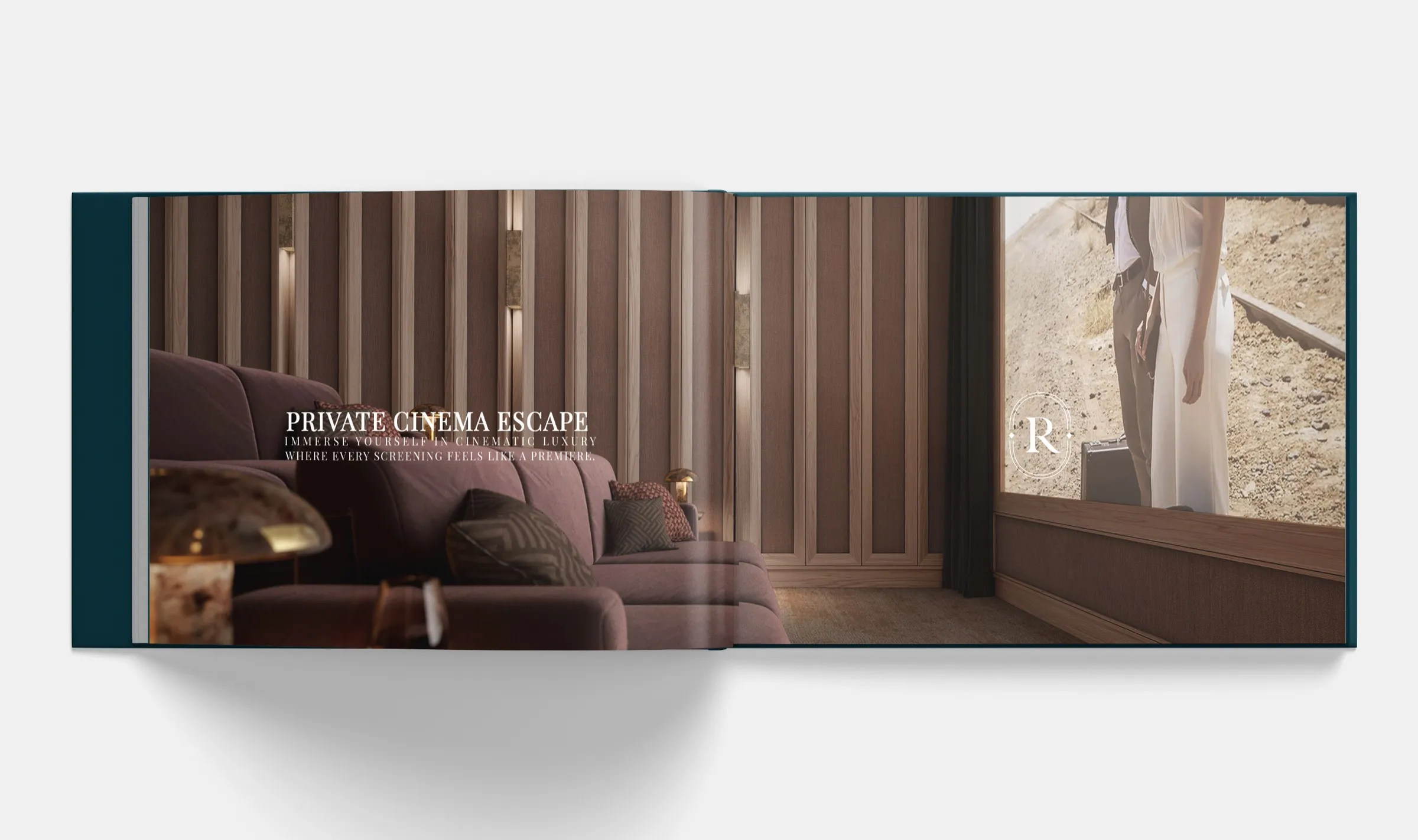 Sankari Place brochure spread showing the private cinema 3D rendering with plush seating and timber wall panels, titled Private Cinema Escape.