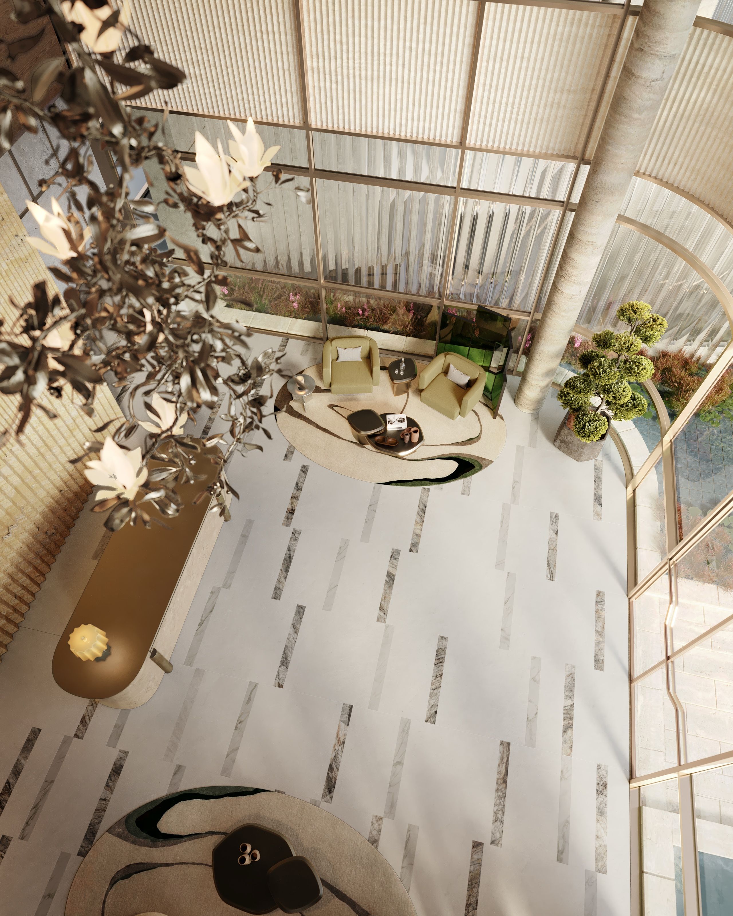 Overhead 3D rendering of a double-height residential lounge at Sankari Place, Dubai, with sculptural seating, a veined marble floor, and tall arched windows.