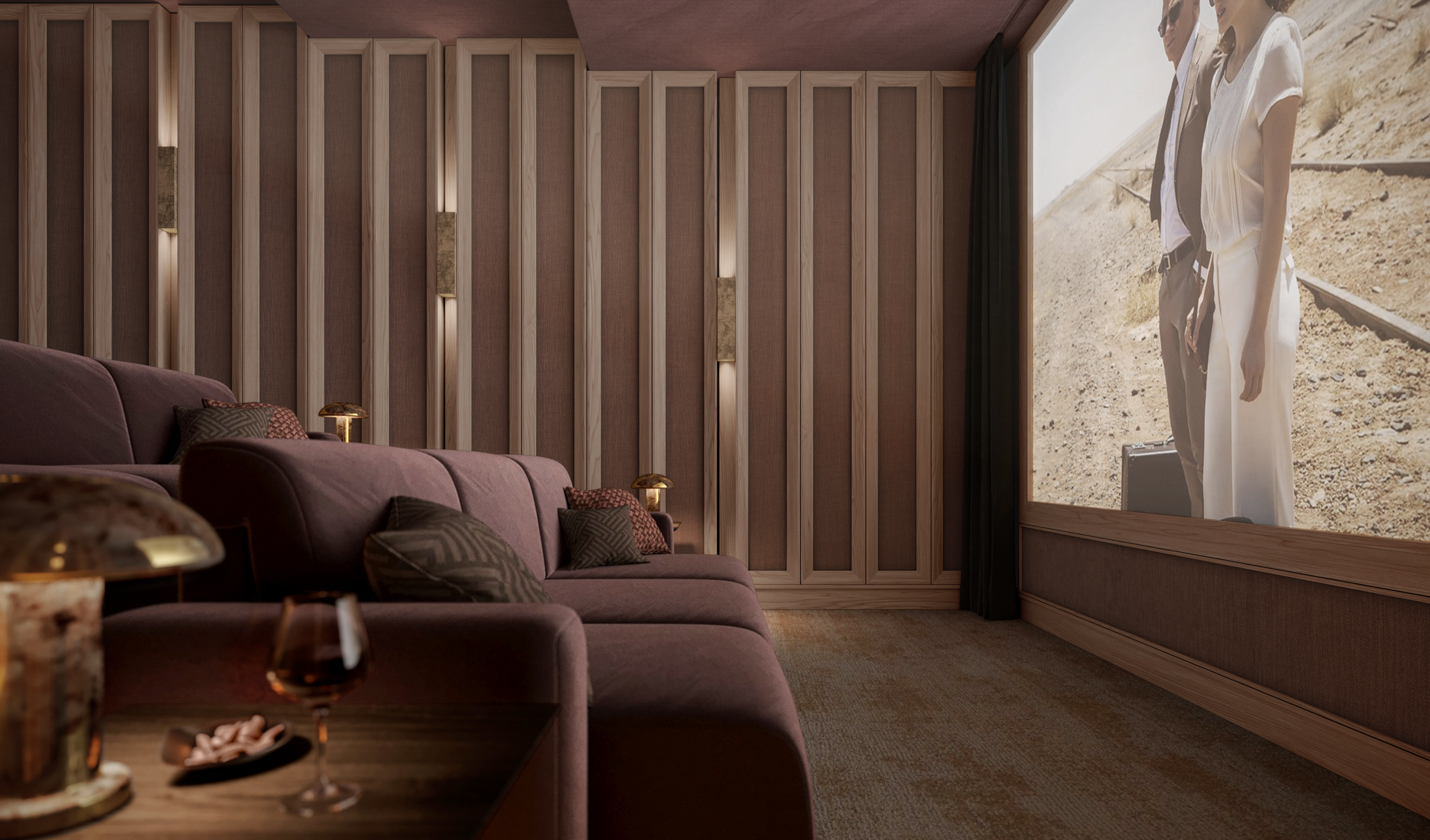 3D rendering of private cinema room at Sankari Place luxury condominium in Dubai featuring plush seating and immersive home theater design