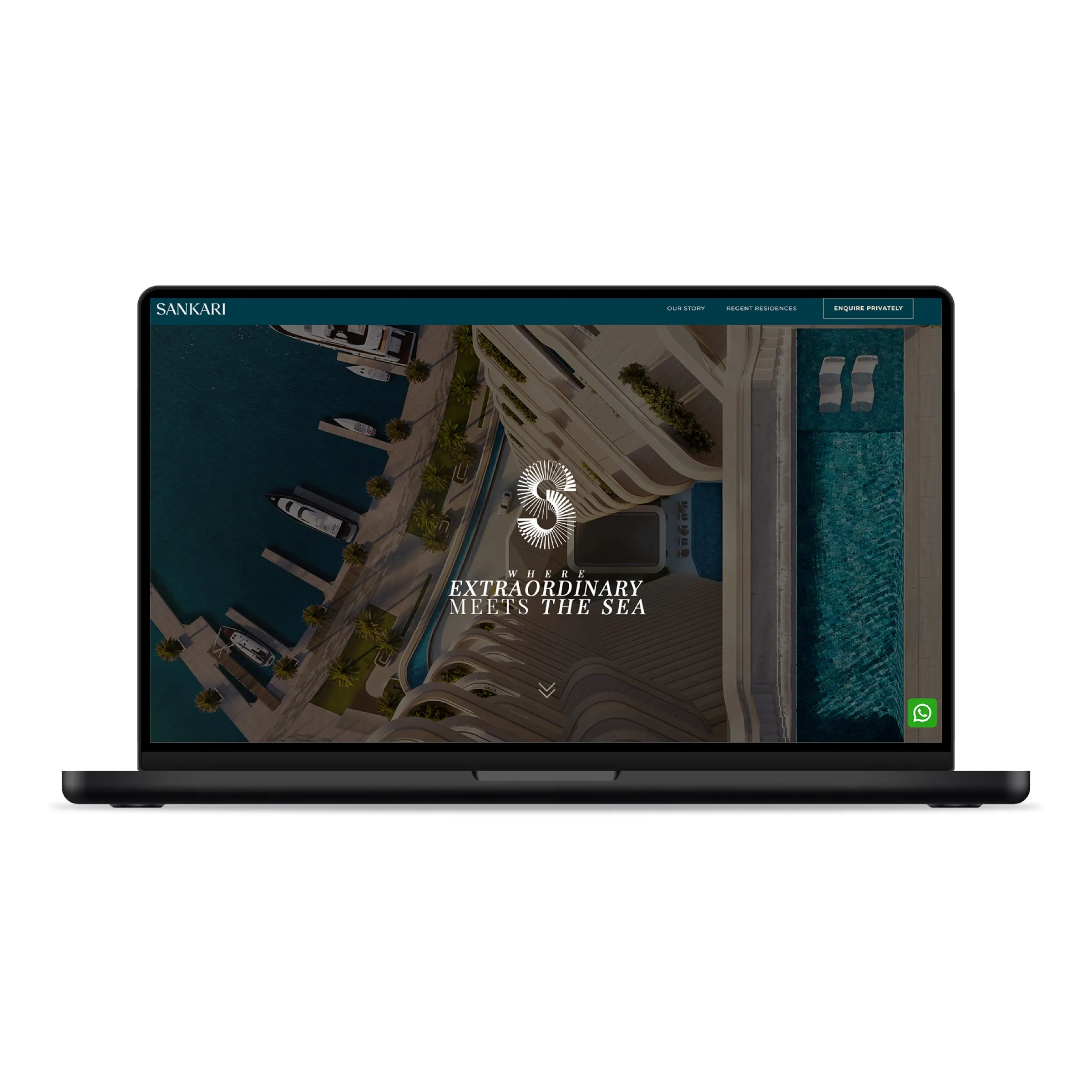 The Sankari website on a laptop, with an aerial 3D rendering of the towers above Marasi Marina and the line Where Extraordinary Meets The Sea.