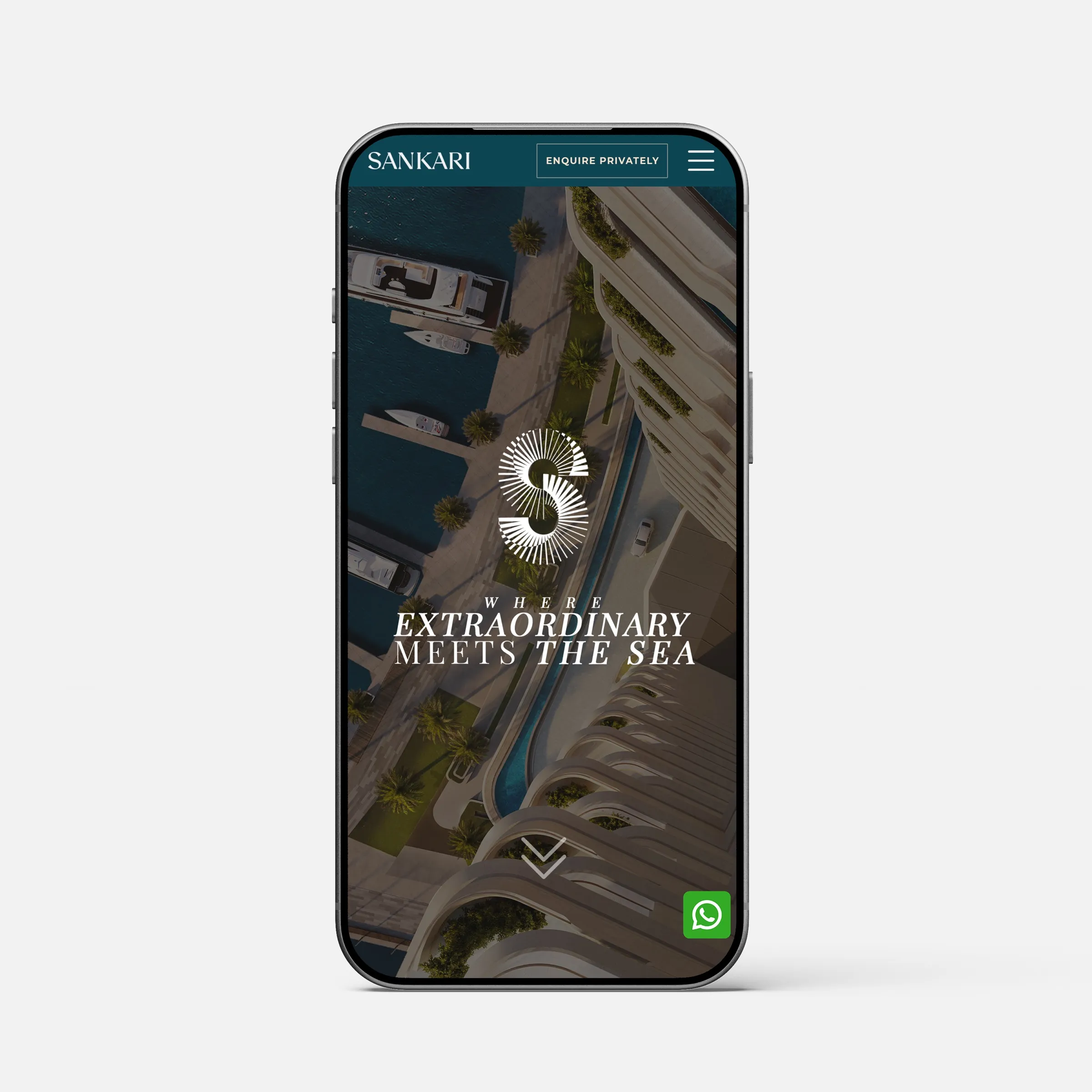 Phone mockup of the Sankari Place, Regent Residences marketing website, its opening screen a top-down 3D rendering of the towers above the Dubai marina under the line "Where extraordinary meets the sea"