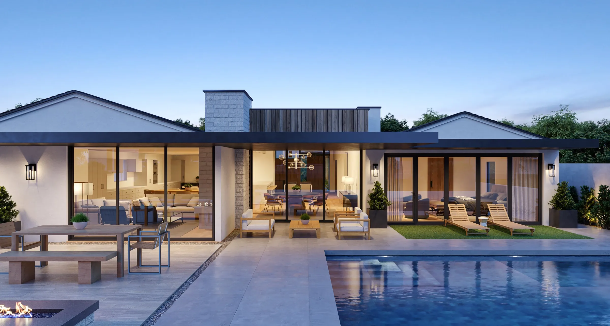 Dusk 3D rendering of a single-story house with sliding glass walls opening onto a pool terrace and lawn