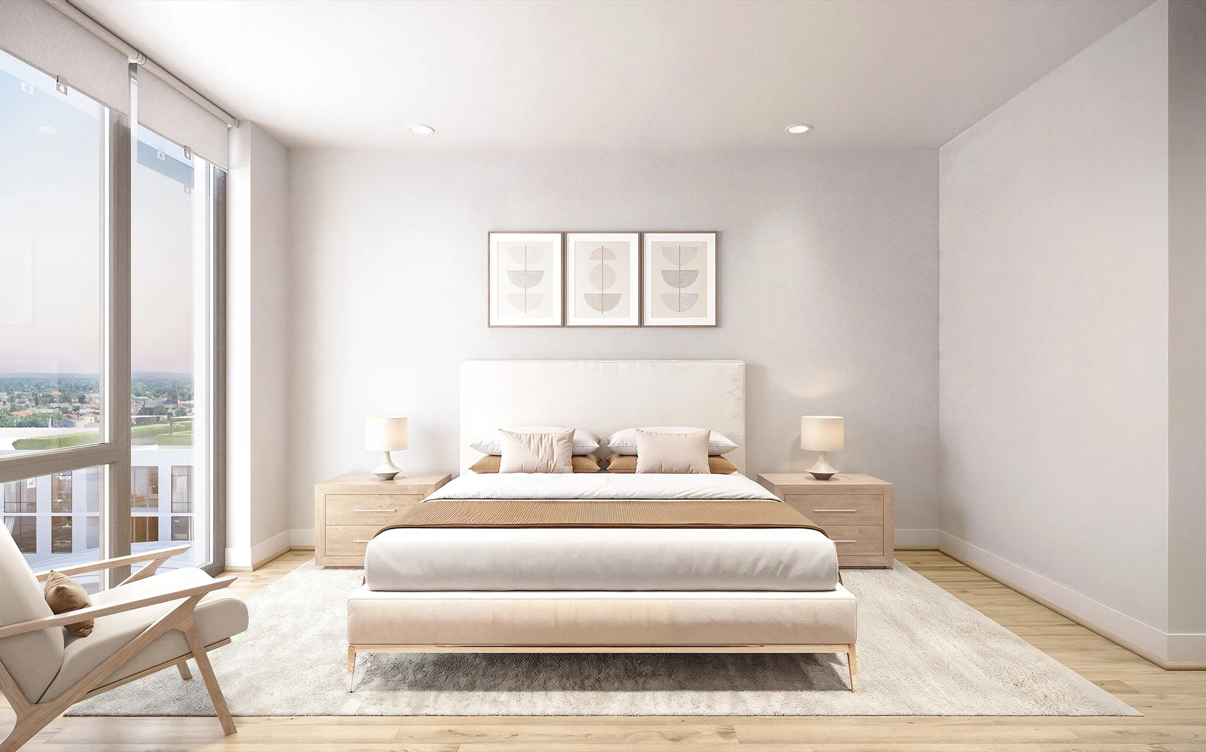 Photorealistic 3D rendering of the primary bedroom in Residence 925 at SoLa in Michigan City, Indiana, with an upholstered bed and matching nightstands, framed art above the headboard, and a floor-to-ceiling window with a treetop and lake view.