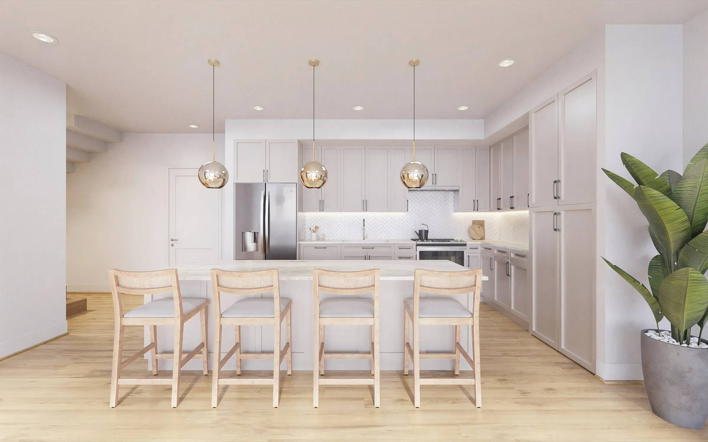 Photorealistic 3D rendering of the kitchen in a townhome at SoLa in Michigan City, Indiana, with a marble-topped island and four light wood counter stools, soft grey cabinetry, copper globe pendants, and stainless steel appliances.