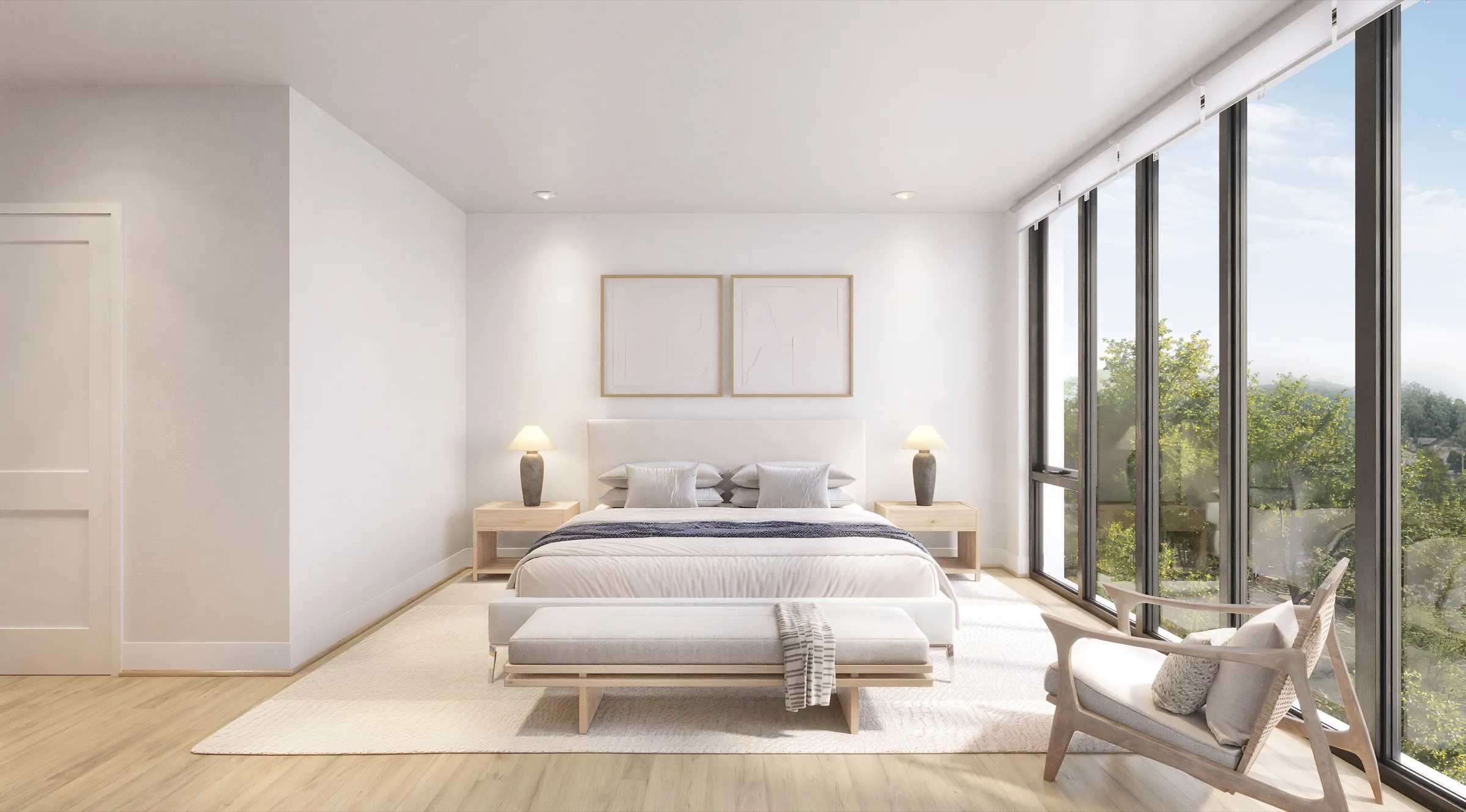 Photorealistic 3D rendering of the primary bedroom in a townhome at SoLa in Michigan City, Indiana, with an upholstered bed framed by twin nightstands, a floor-to-ceiling corner window opening onto greenery, and a light wood accent chair.