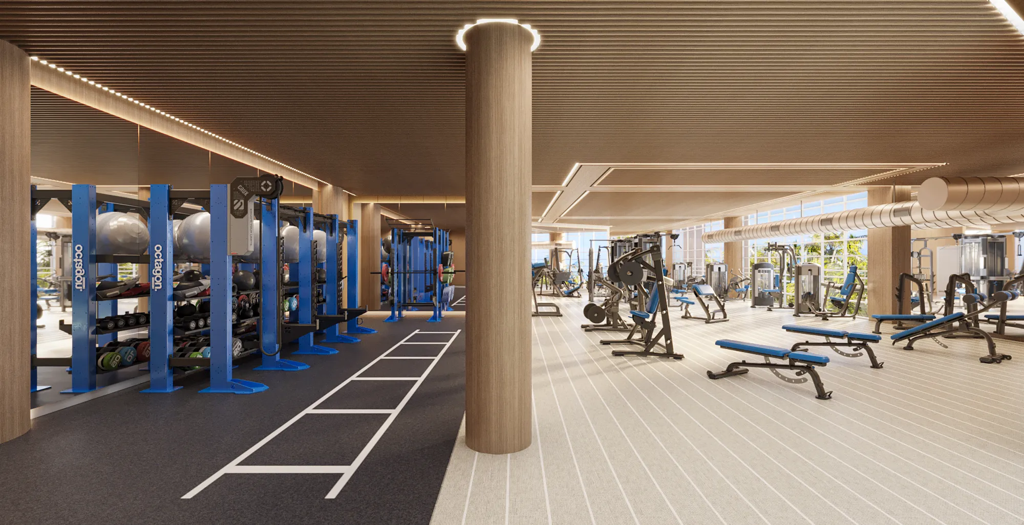 3D rendering of the functional-training zone at a sporting club on South Beach, with blue equipment-storage racks, a turf lane, and rows of weight benches under a wood-slat ceiling.