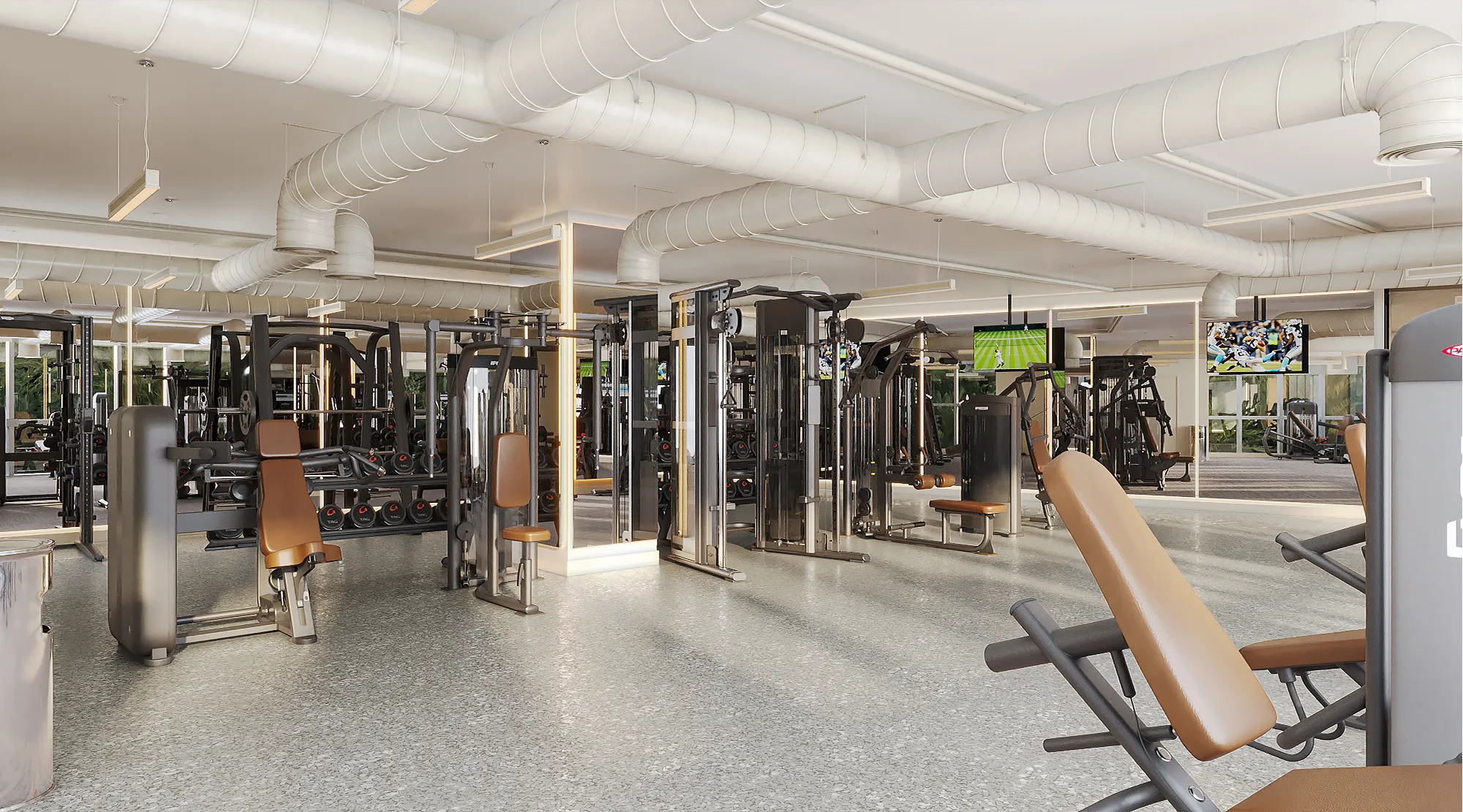 3D rendering of the strength-training area at a South Beach residential tower, with rows of selectorized machines and benches in tan upholstery beneath exposed ductwork and a light terrazzo floor.