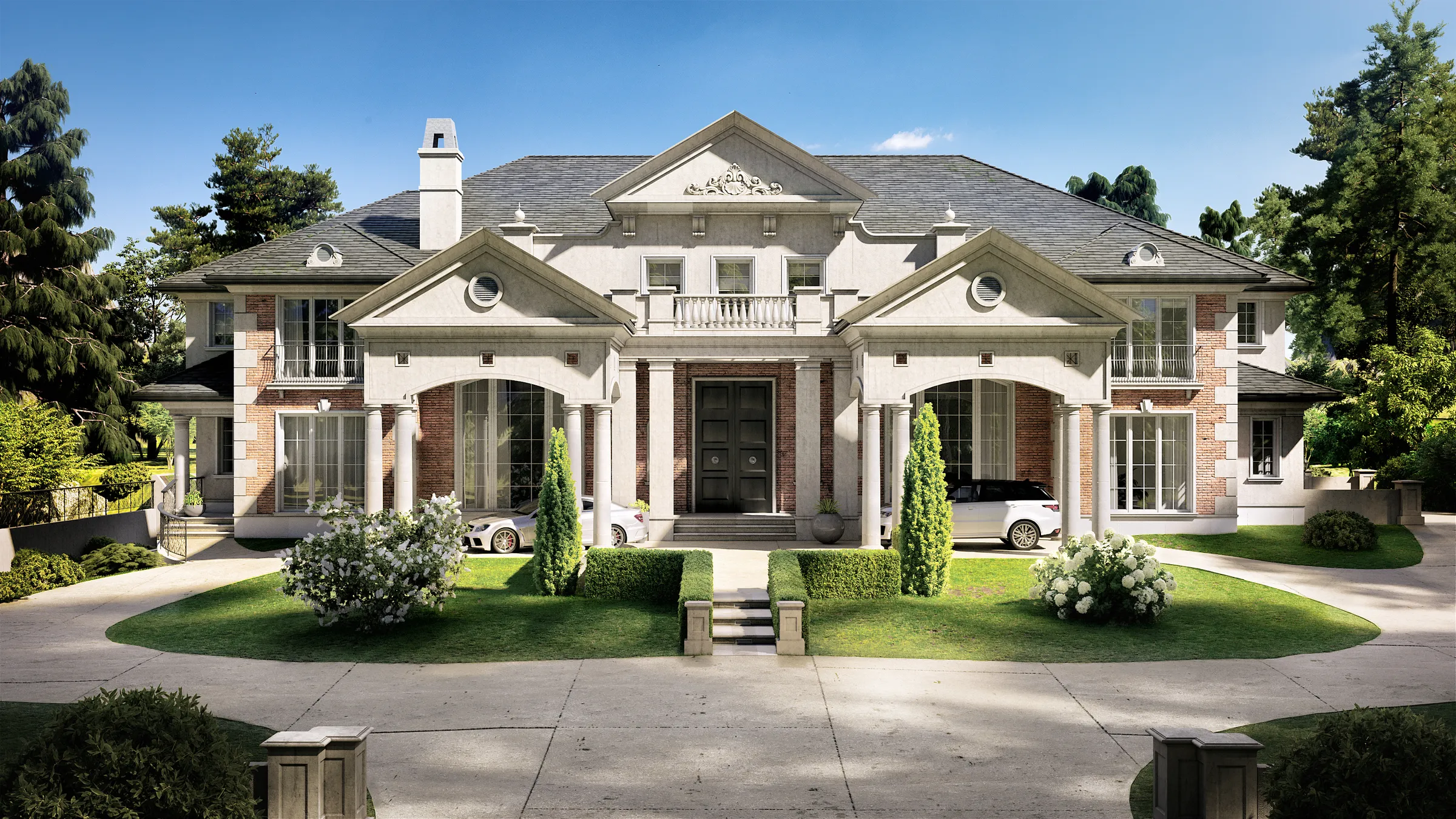Photorealistic 3D rendering by NoTriangle Studio of a South Surrey estate in Surrey, BC, a symmetrical neoclassical house in red brick and pale stone with three pediments, columned porches, a balustraded balcony and a circular drive.
