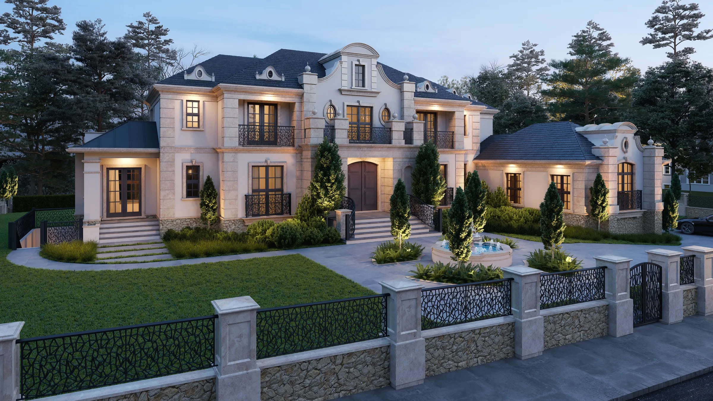 Photorealistic 3D rendering at dusk by NoTriangle Studio of a South Surrey estate in Surrey, BC, a cream French manor with a curved central gable, lit windows, a fountain in the forecourt and a stone wall with decorative iron fencing.