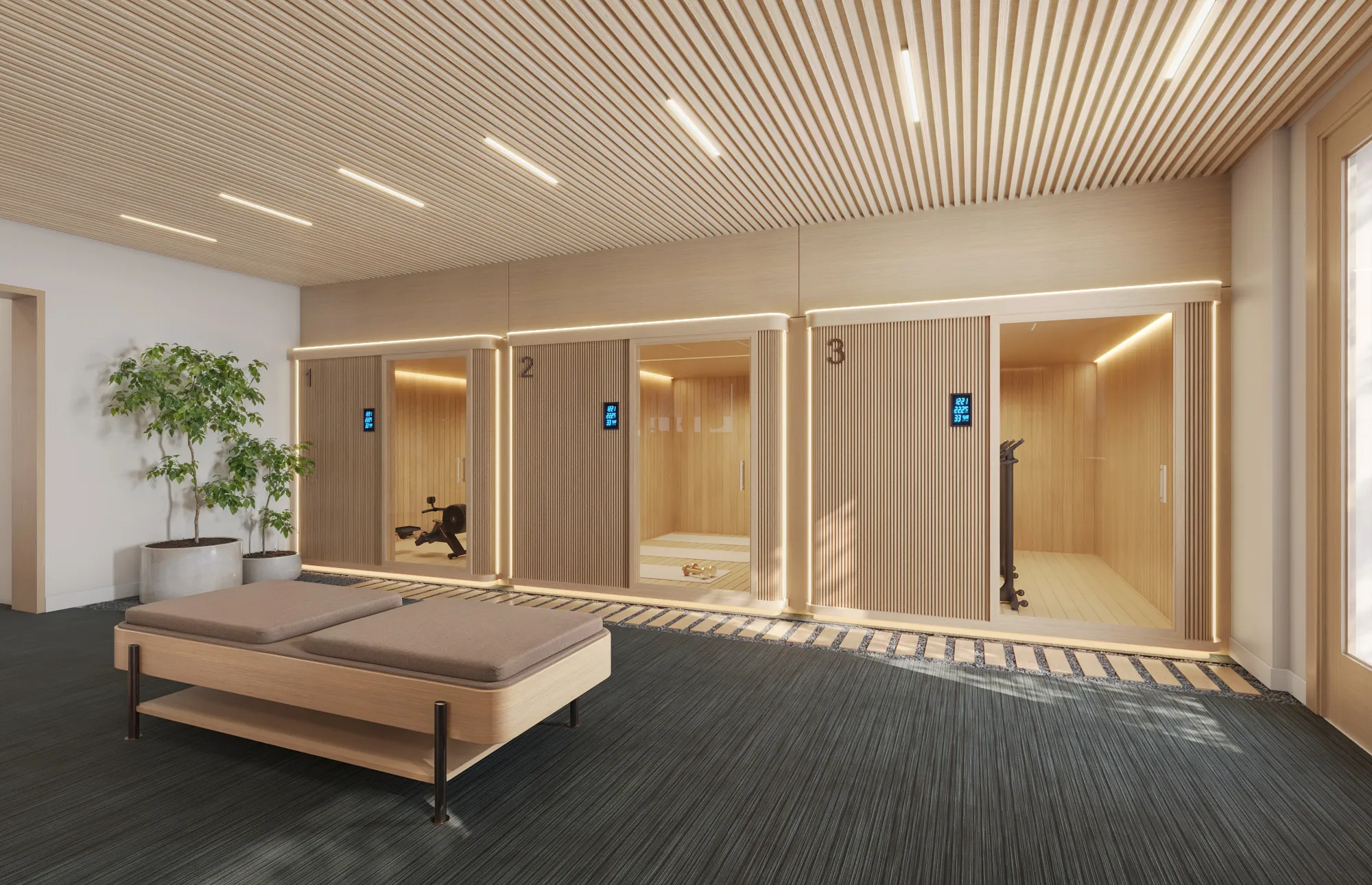 3D rendering of a row of three numbered glass-fronted infrared sauna cabins in warm wood at the Spring Street studio in Aspen, with a low upholstered relaxation bench in the foreground.