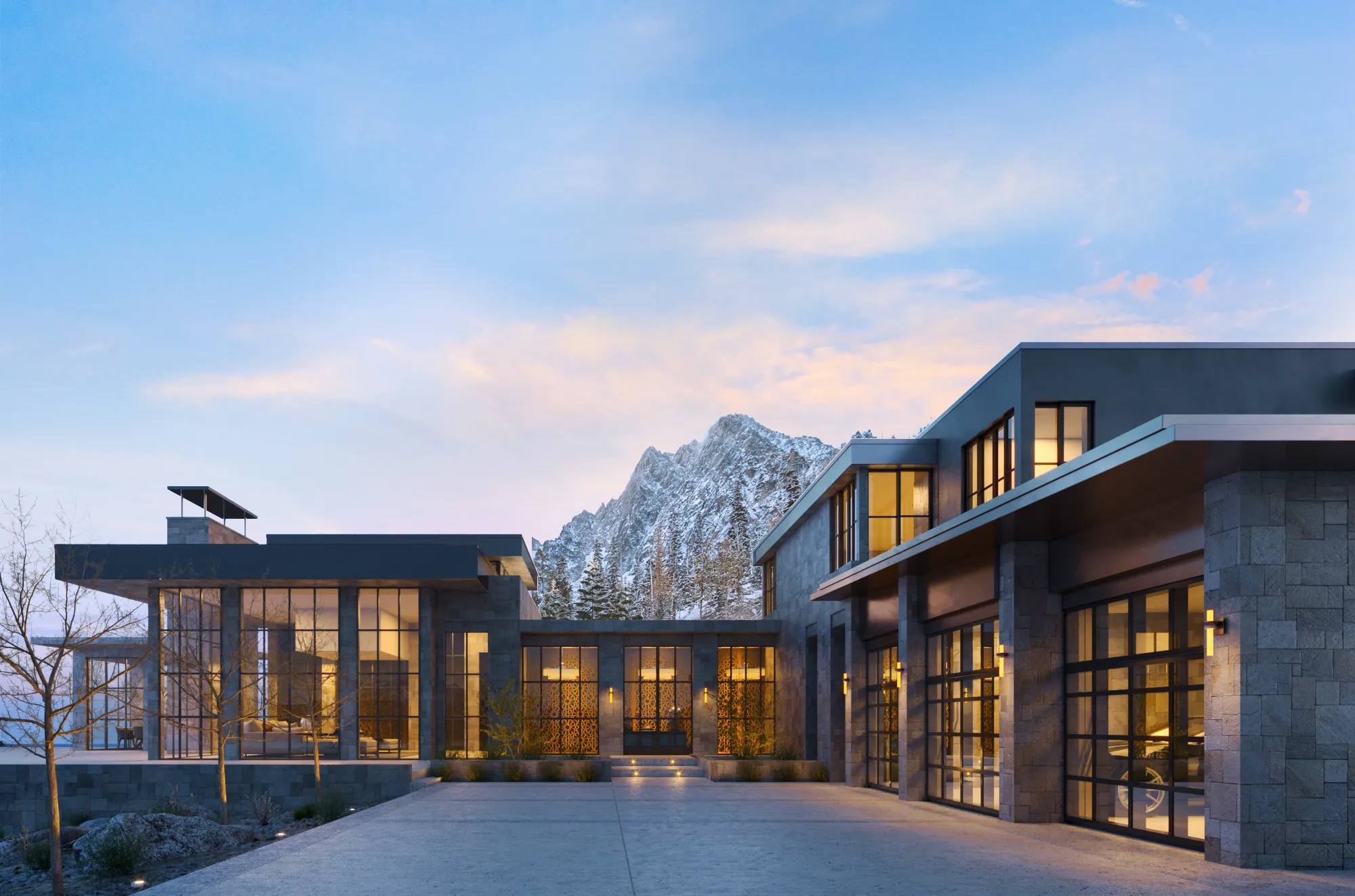 3D lifestyle rendering of a large stone and glass mountain home at dusk, with full-glass garage doors and a snowy peak behind
