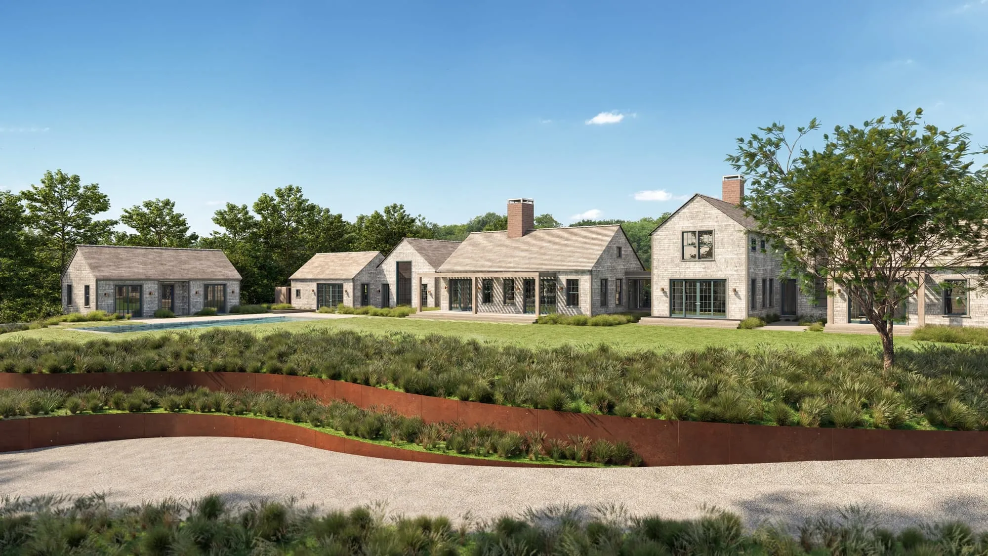 Daytime 3D rendering of the estate's garden elevation with the pool at left, gabled shingle-and-stone volumes behind terraced plantings and a curved corten steel retaining wall along the gravel drive.