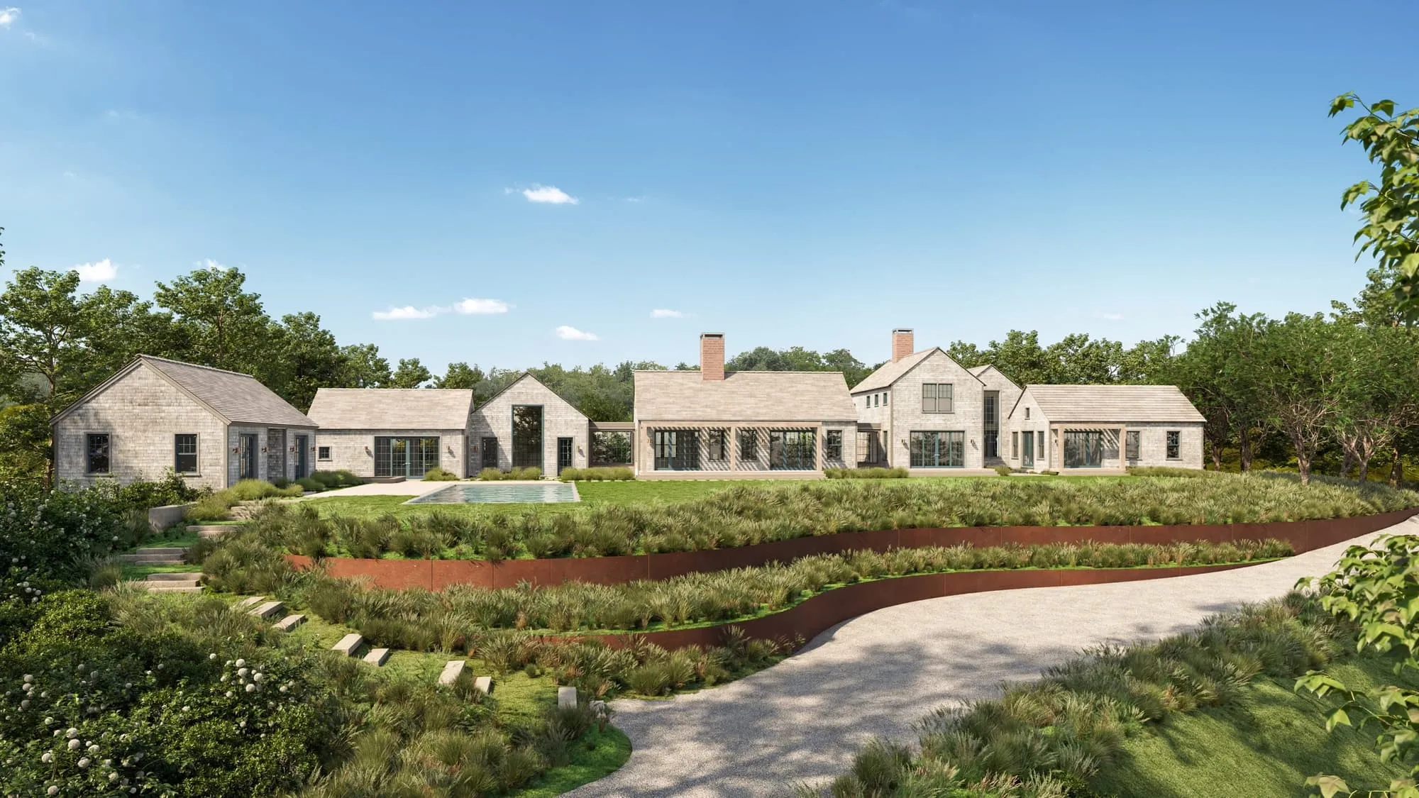 Photorealistic 3D rendering of a luxury estate pool courtyard, built with accurate geometry and real materials rather than reproduced from an AI concept image.