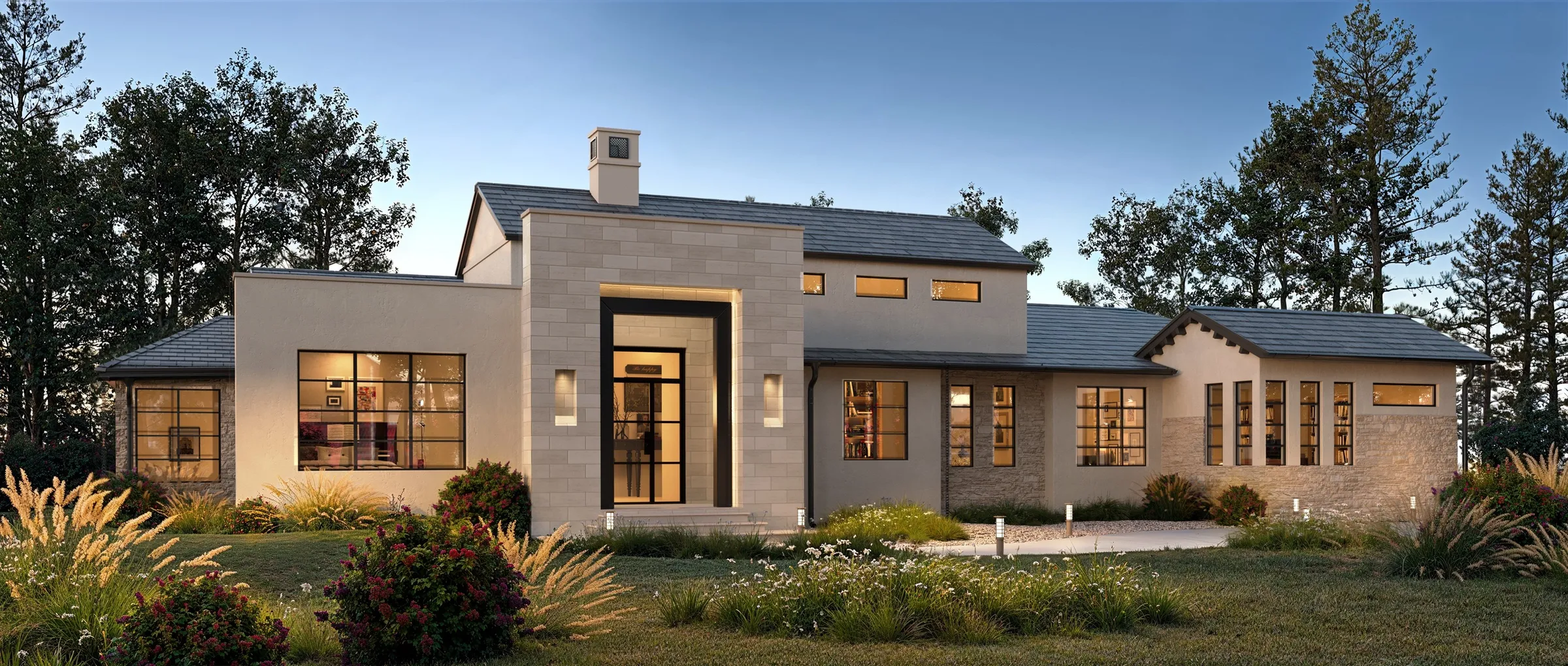 Dusk 3D exterior rendering of a pale stone house with a tall framed entry and a meadow garden