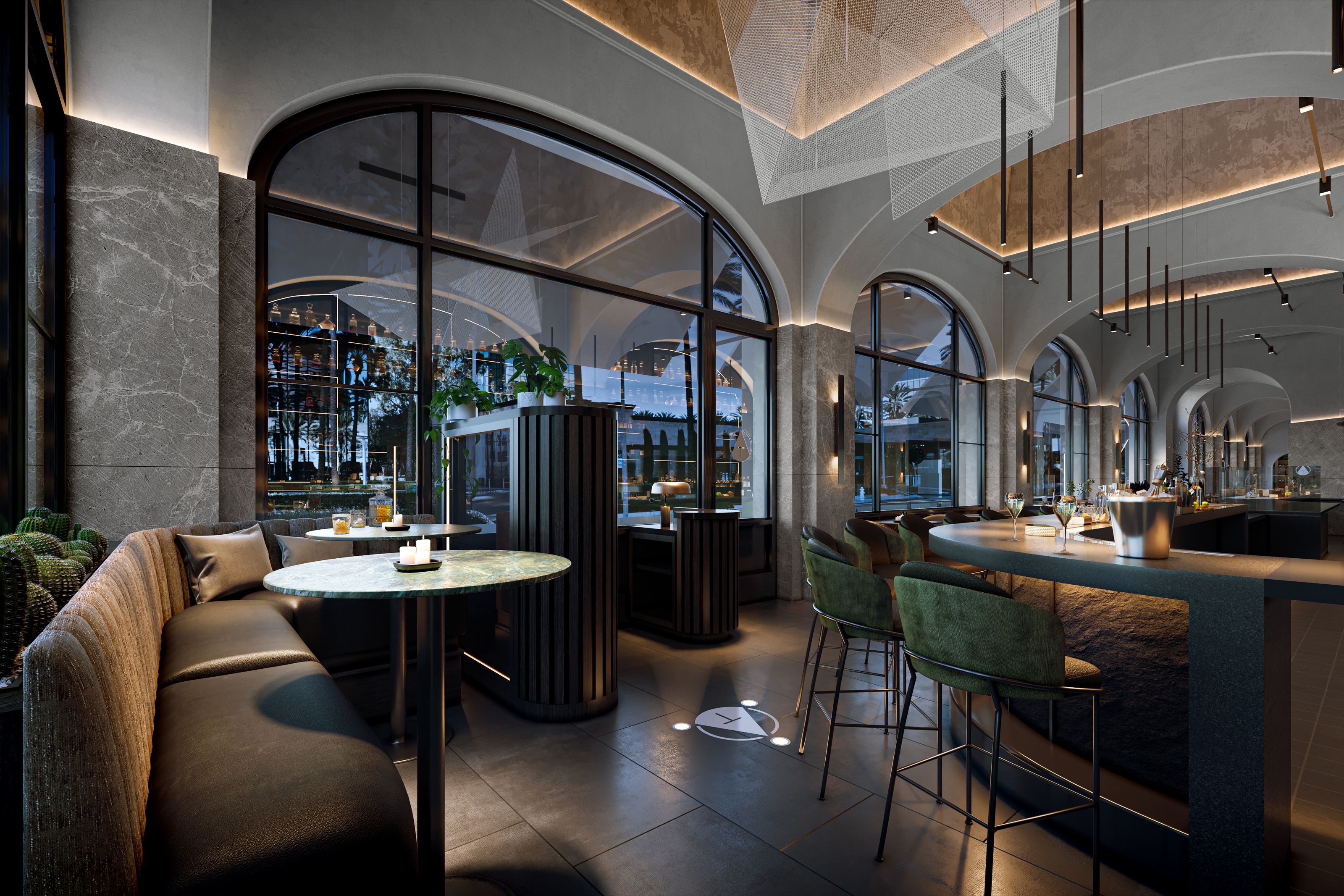 3D interior rendering of the main dining room at Teatro Angelina in Costa Mesa, California, with arched windows, marble columns, a curved banquette, and green velvet stools along the bar.