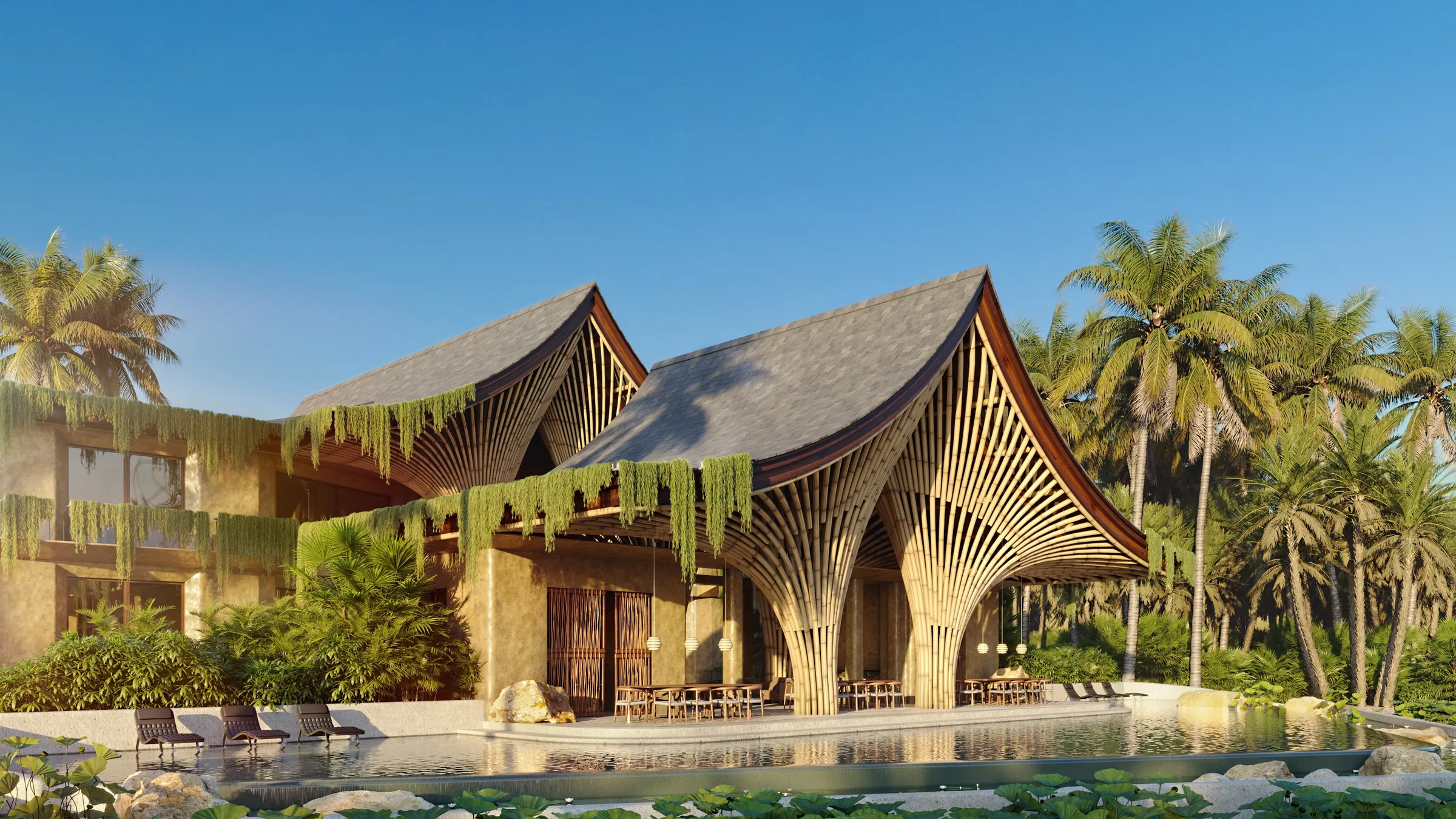 Dusk 3D rendering of the clubhouse pavilion at a retreat community in a Thai valley, twin curved timber-finned roofs over an open-air hall with trailing vines, palms, and a lily-fringed reflecting pool.