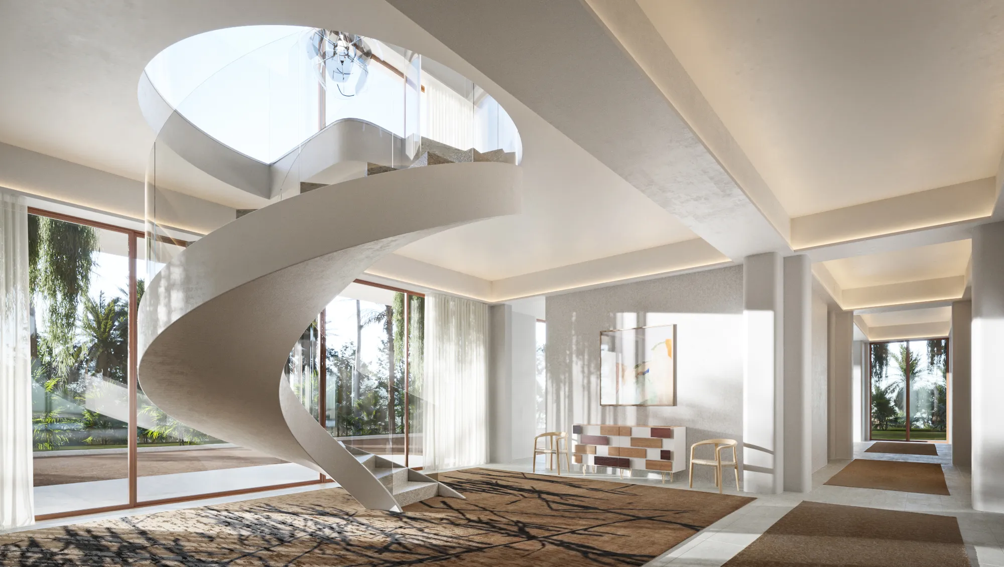 3D interior rendering of the main hall at the retreat community, a bright modern space with a sculptural white spiral staircase rising to a skylight, floor-to-ceiling glass framing palms, sheer curtains, and a patterned rug.