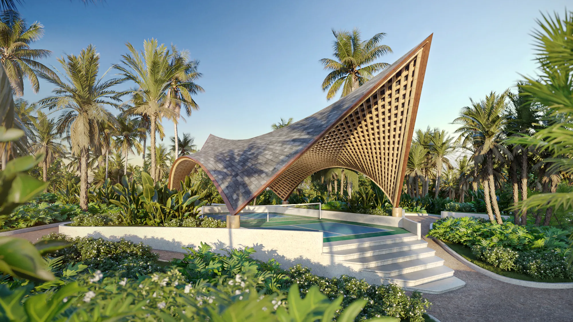 3D rendering of a pool pavilion at the retreat community, a sculptural fan-shaped timber gridshell canopy sheltering a turquoise pool with stone steps, set among dense palms and tropical planting.