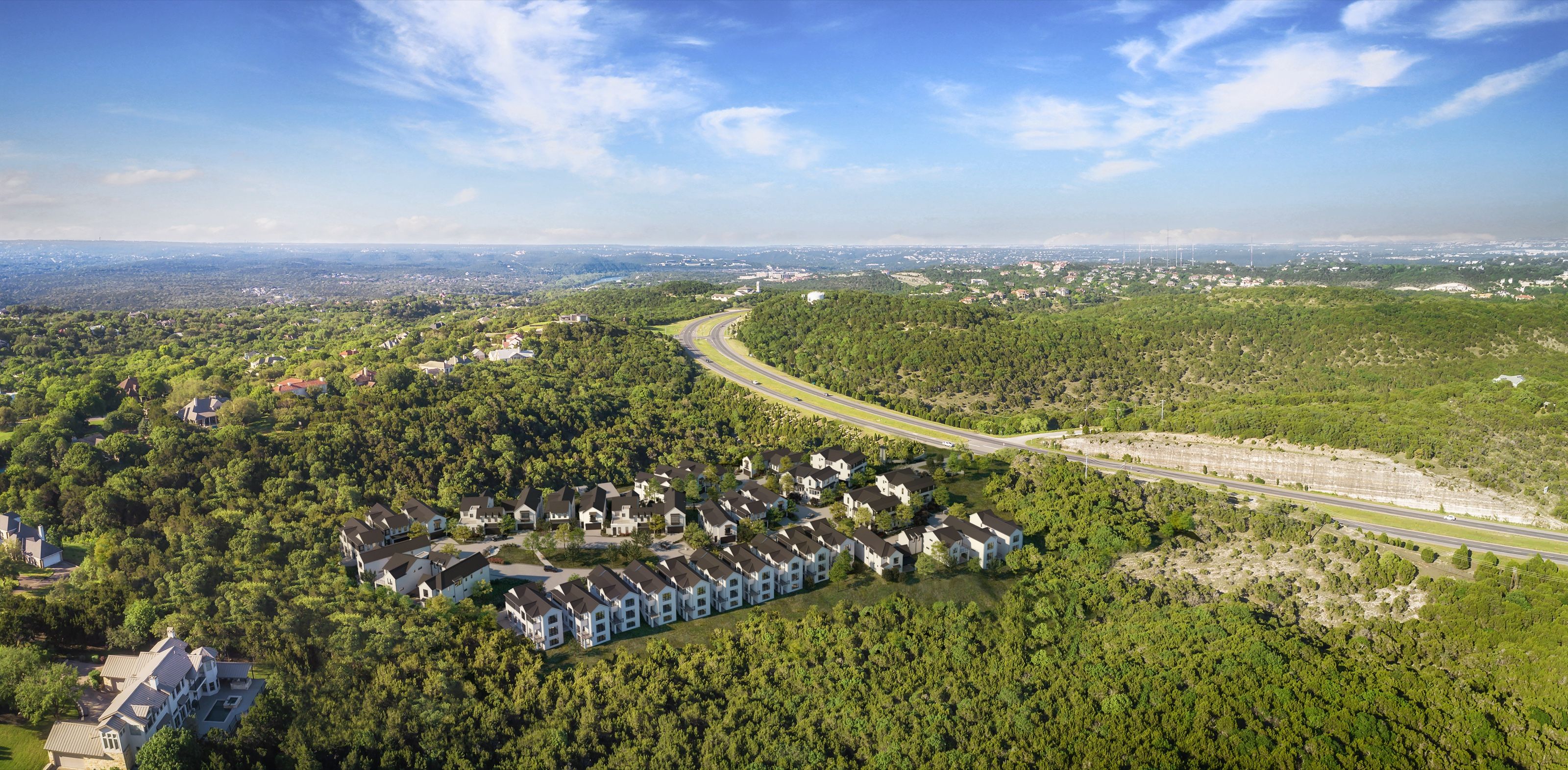 3D exterior aerial rendering of the Addie Westlake community at 903 Alexia Lane, Austin, Texas