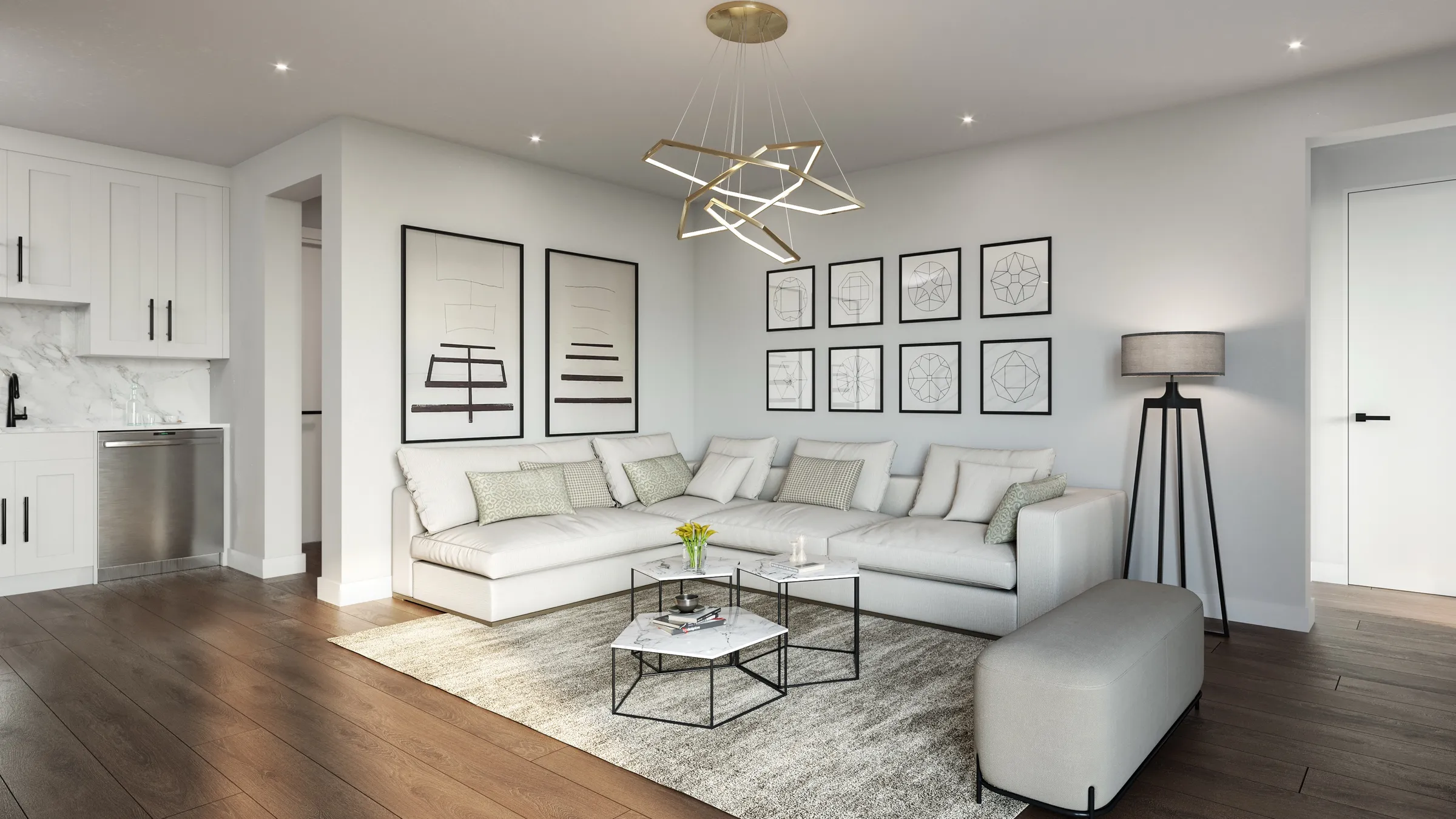 3D interior rendering of a living room at Addie Westlake in Austin, Texas, with a white sectional, a sculptural ring chandelier, a framed gallery wall, and an open kitchen alongside.