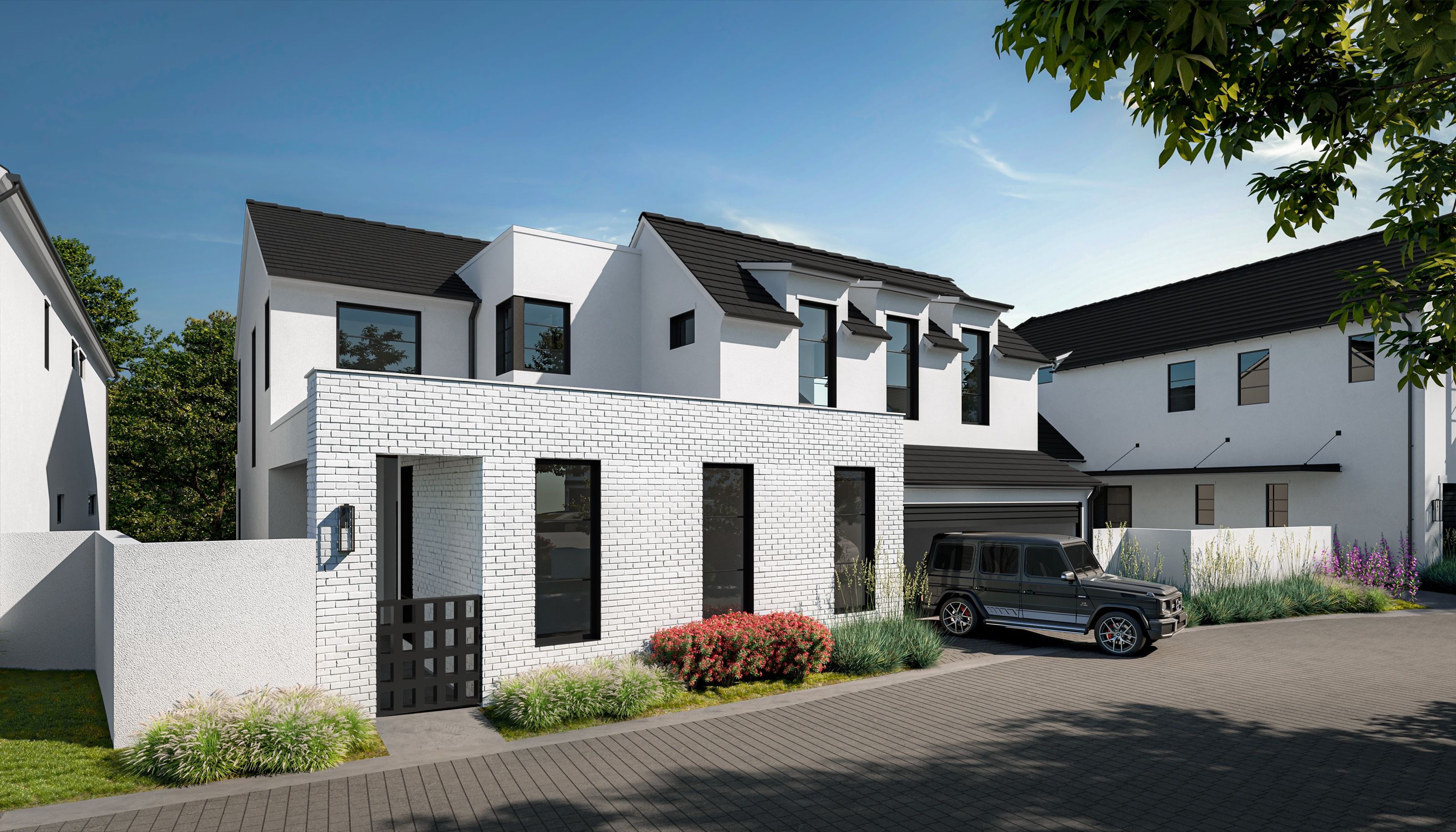 3D exterior rendering of a single-family home at Addie Westlake in Austin, Texas, in white brick with a walled entry court, dormer windows, and a vehicle in the private drive.