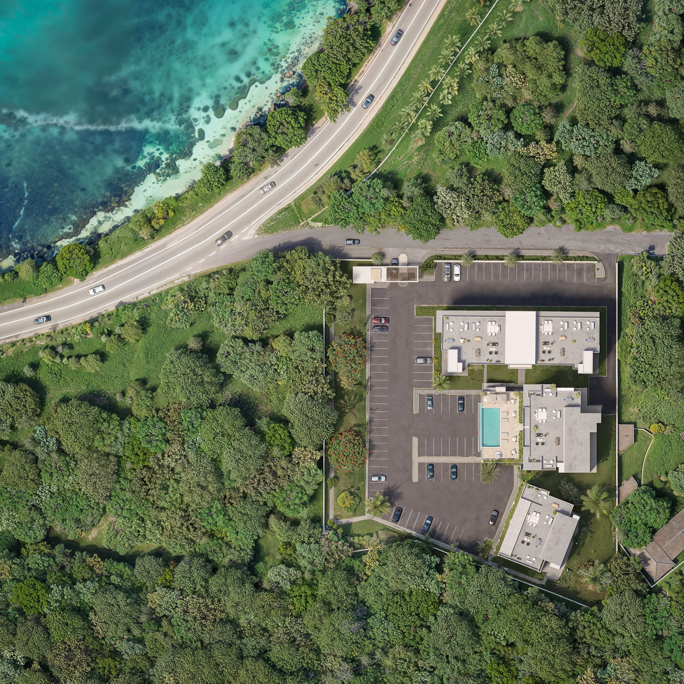 3D aerial site plan rendering of The Elysian, a masterplanned residential community in Montego Bay, Jamaica, showing homes, roads, and landscaped amenities