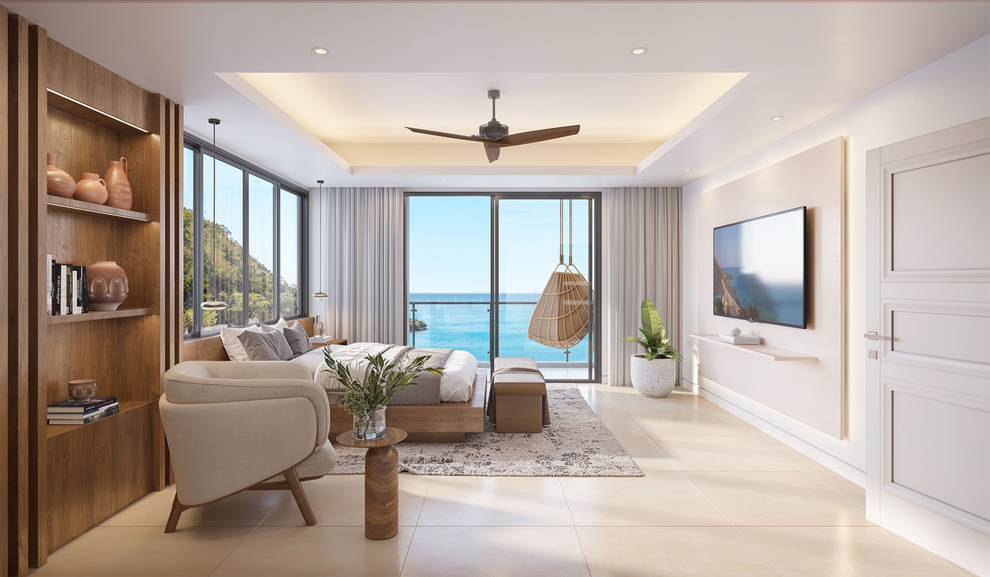 The Elysian interior rendering, bedroom with a tray ceiling and a hanging chair on the balcony, looking out to the sea