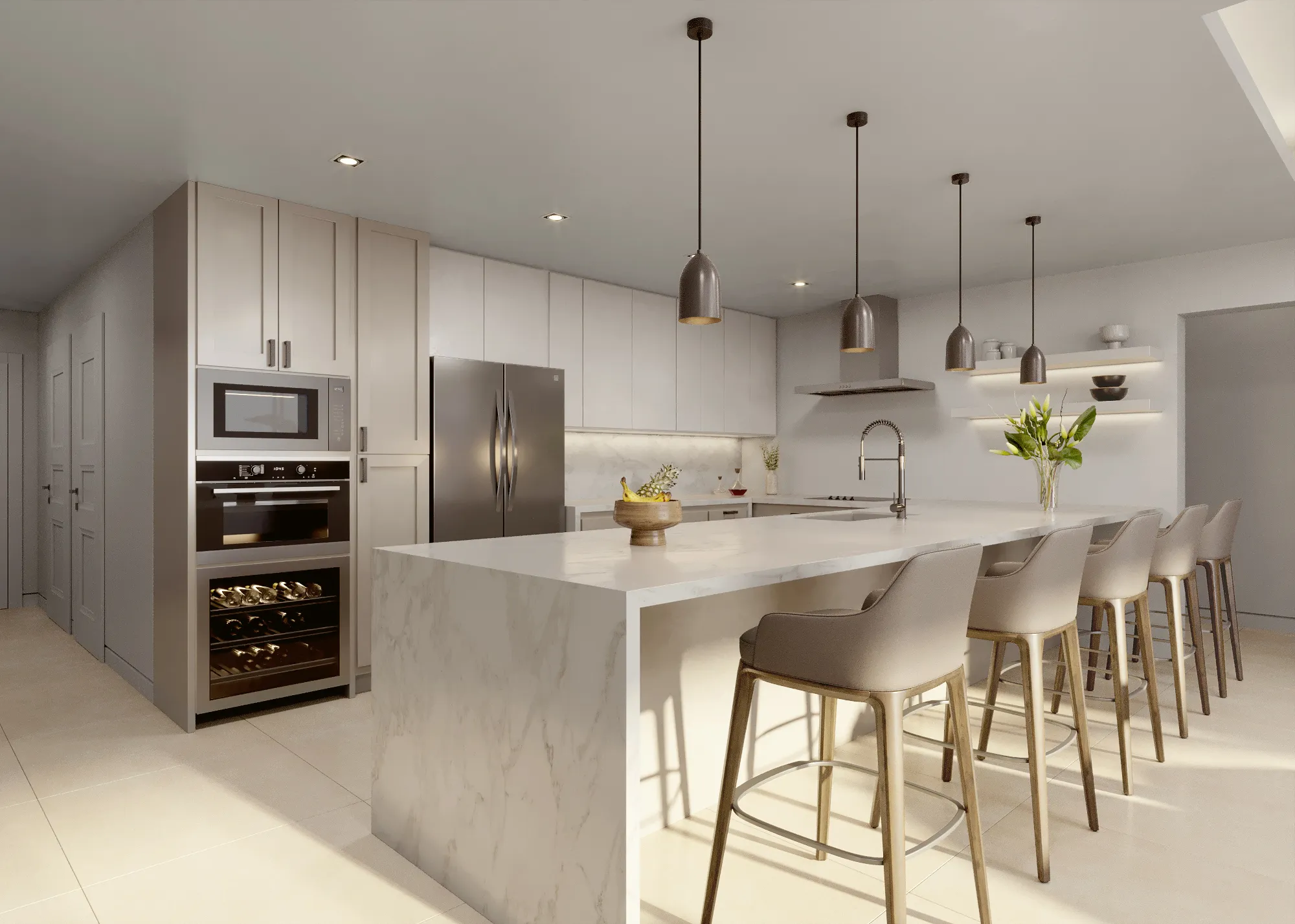 The Elysian interior rendering, kitchen with a marble island, bar seating, and a wine fridge