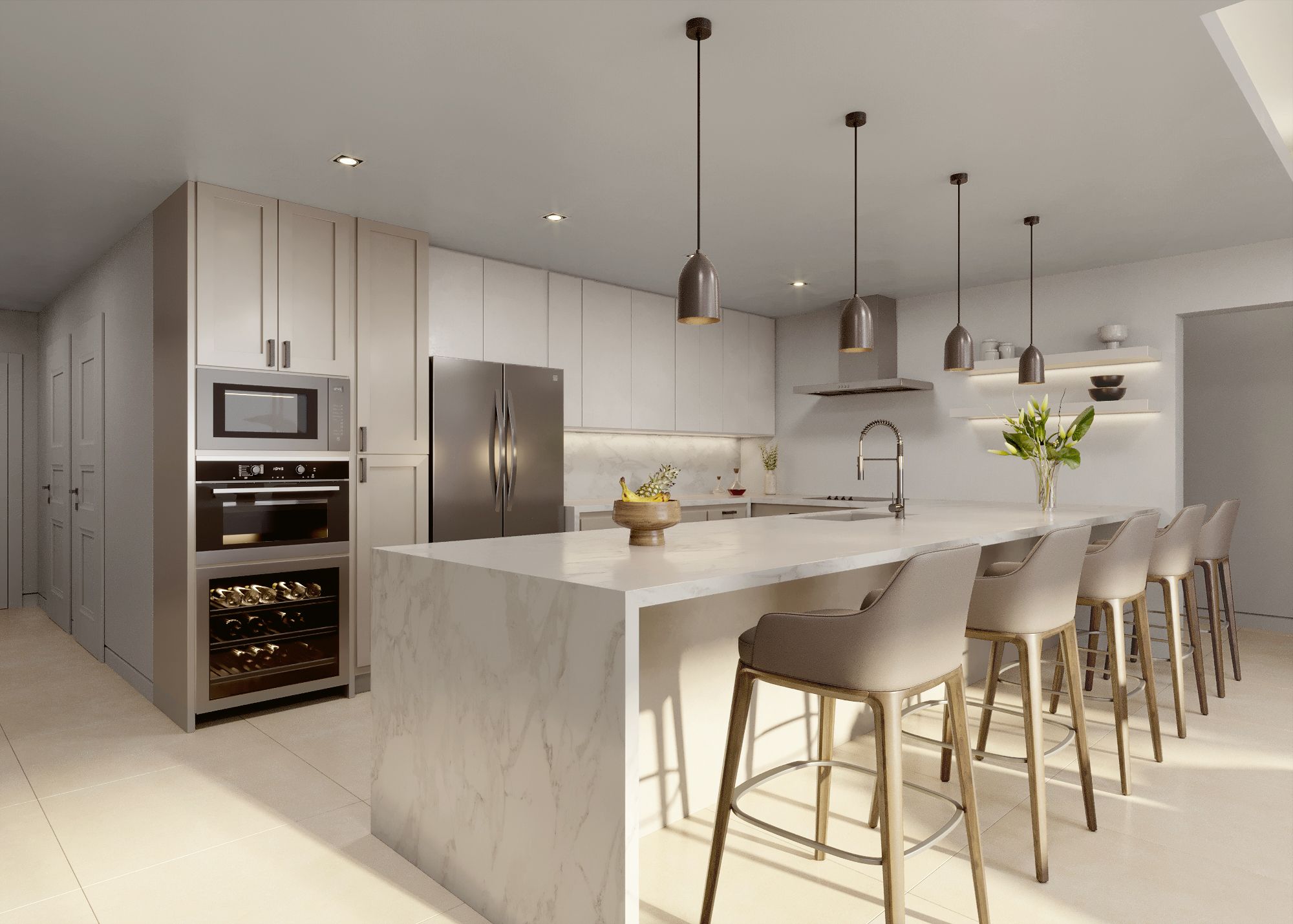 The Elysian interior rendering, kitchen with a marble island, bar seating, and a wine fridge
