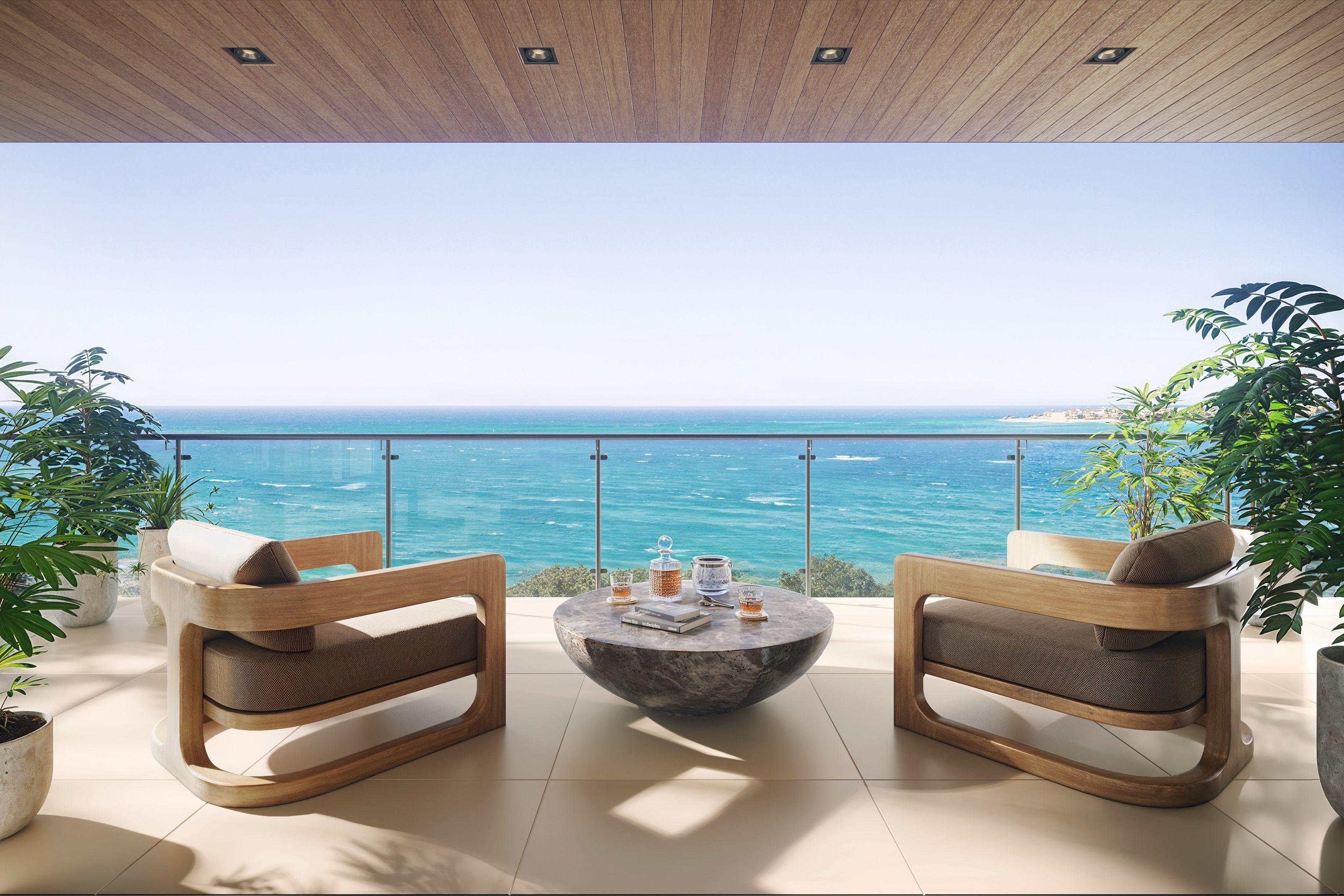 Oceanfront terrace interior rendering with lounge seating