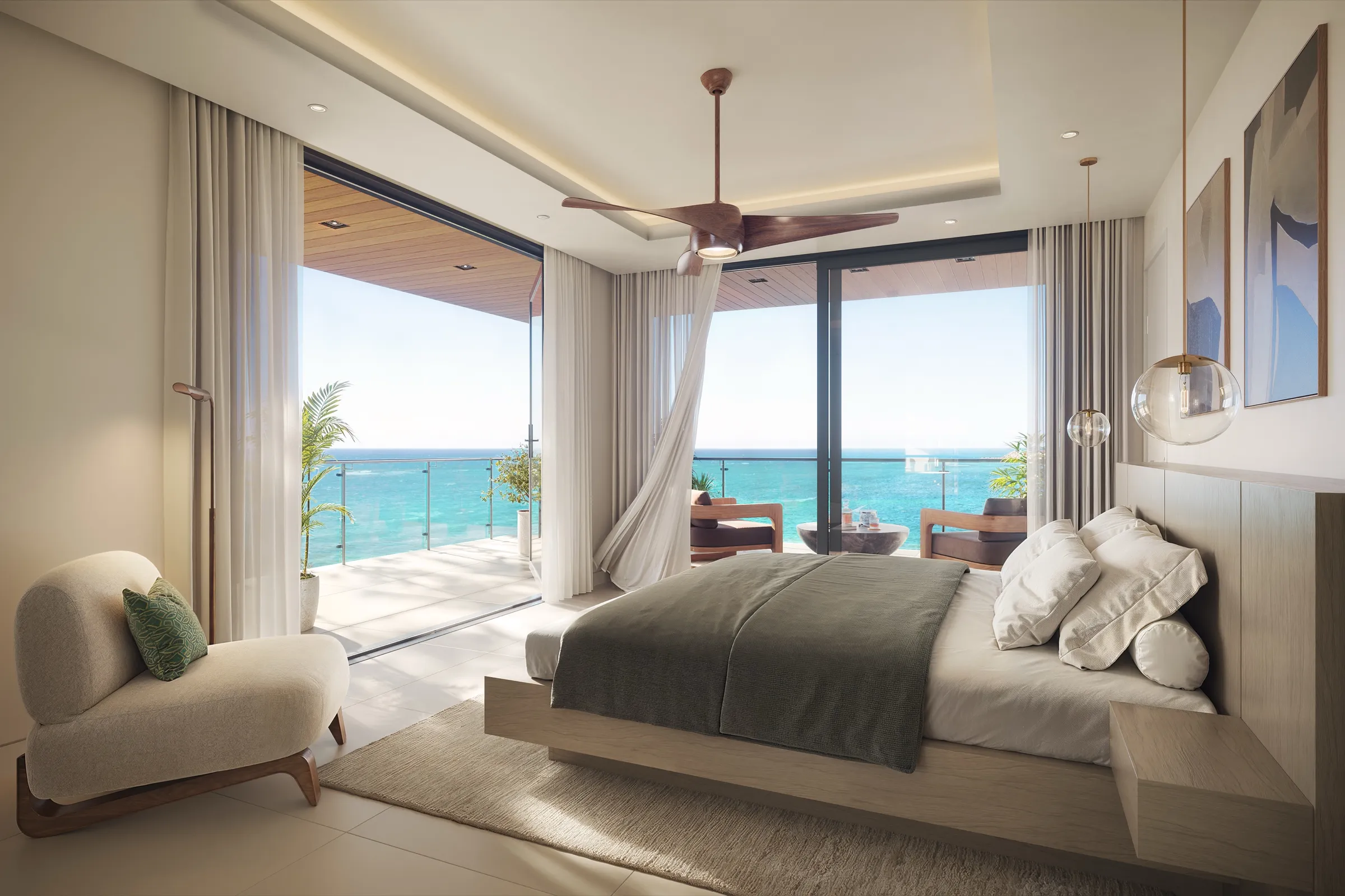 Interior 3D rendering of an ocean-view bedroom opening to a balcony at The Elysian, a condominium resort in Montego Bay, Jamaica, from our Caribbean work