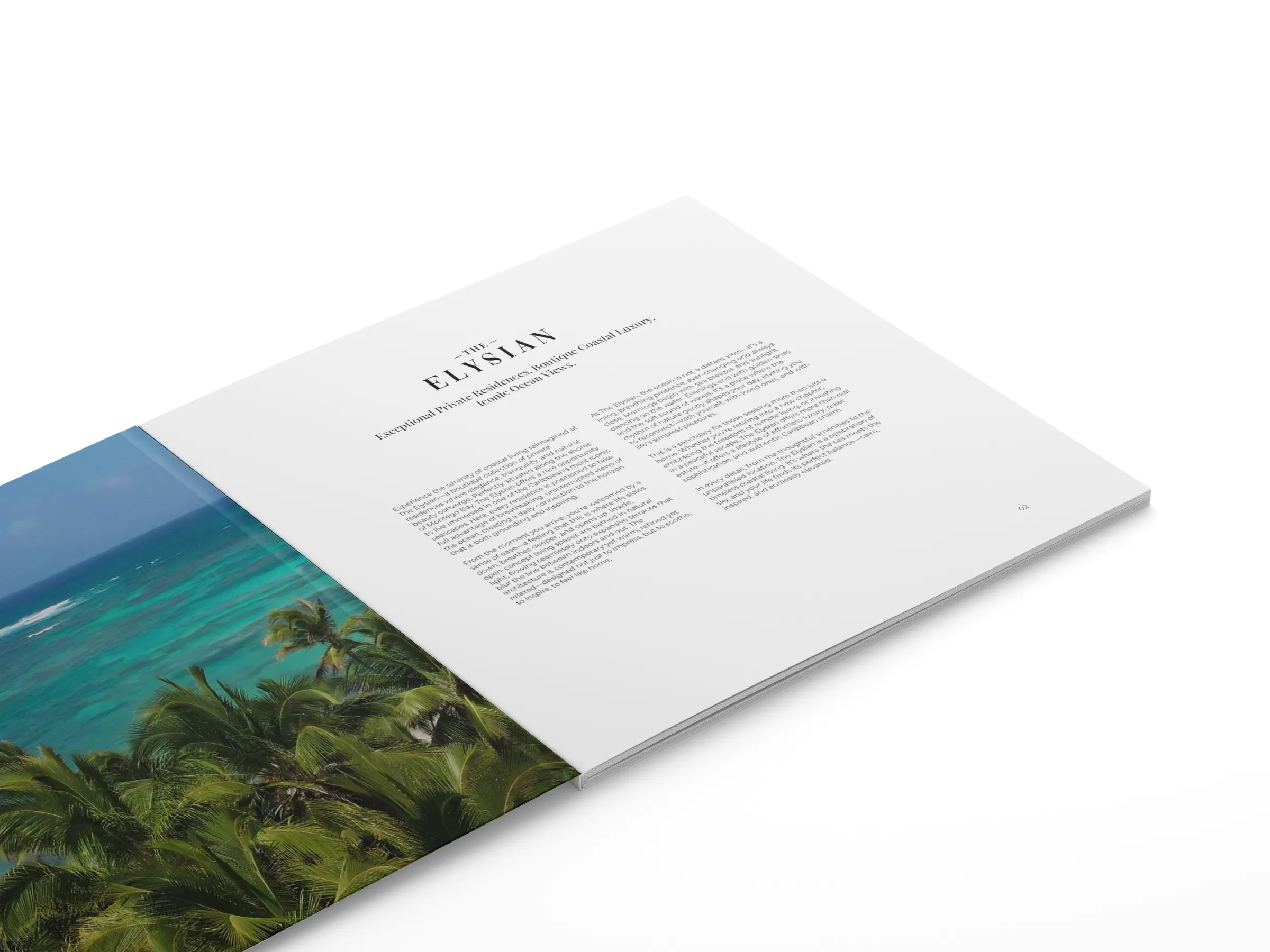 The Elysian brochure opening spread, with a palm-fringed Caribbean coastline beside the introduction to the residences.