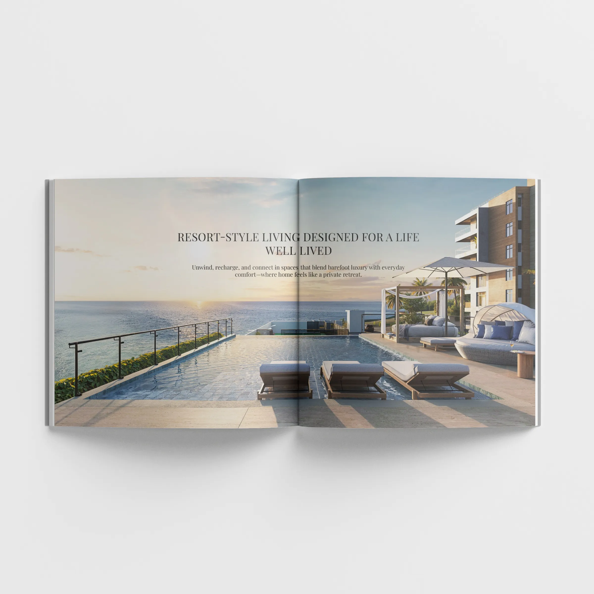 Open square brochure for The Elysian with a full-spread 3D rendering of the rooftop infinity pool and cabanas at sunset over Montego Bay.