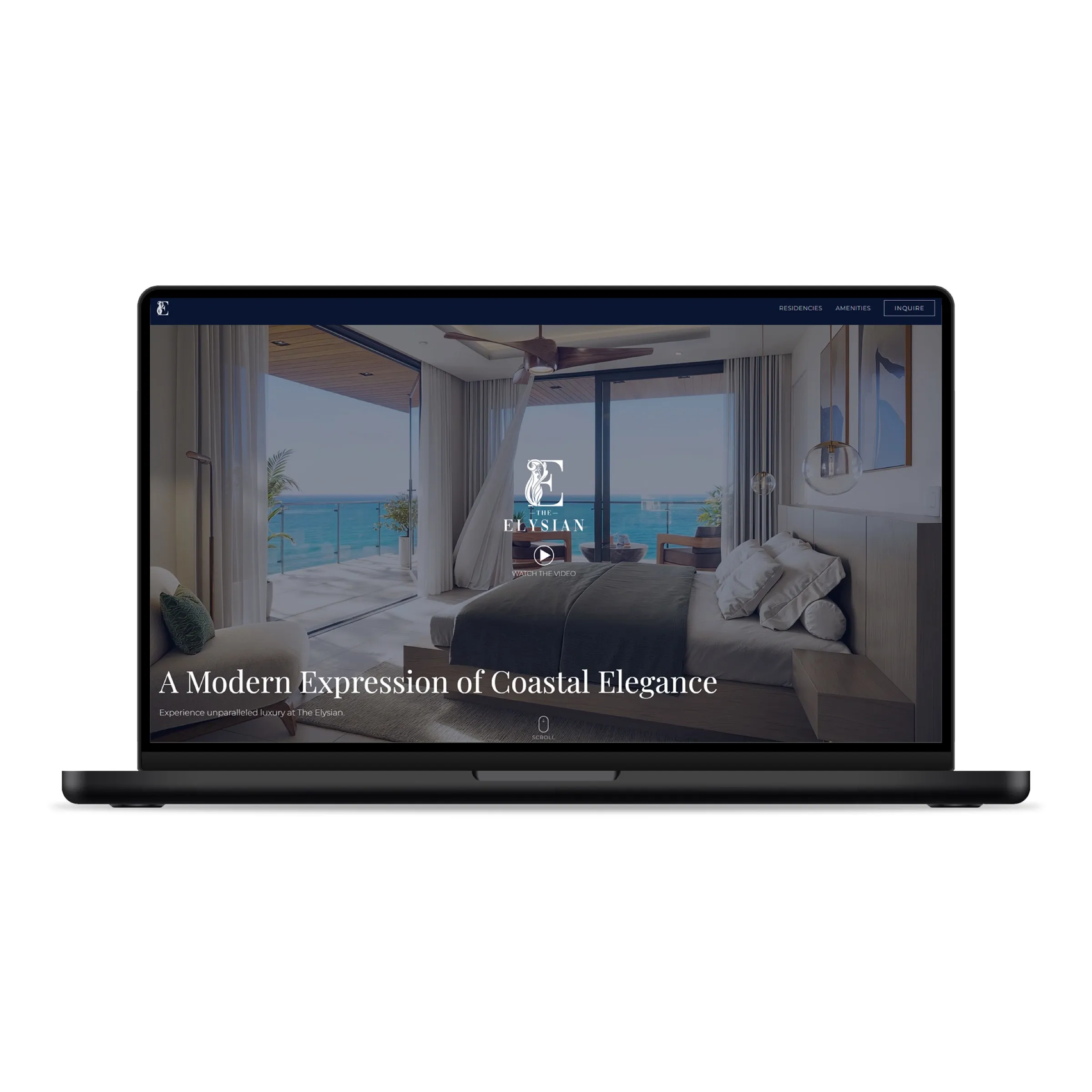 The Elysian Jamaica website on a laptop, with an ocean-view bedroom 3D rendering behind the headline A Modern Expression of Coastal Elegance.