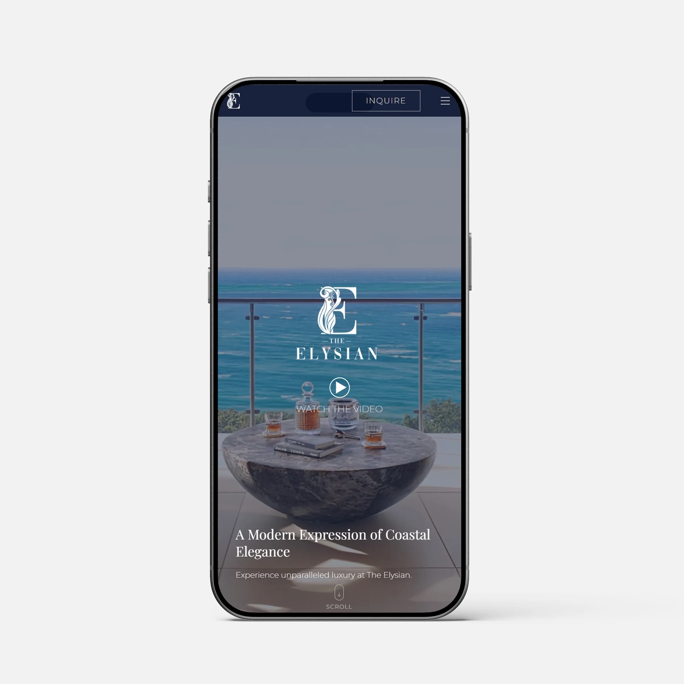 The Elysian Jamaica website on a phone, with a balcony 3D rendering looking out over the Caribbean Sea and the Elysian logo.
