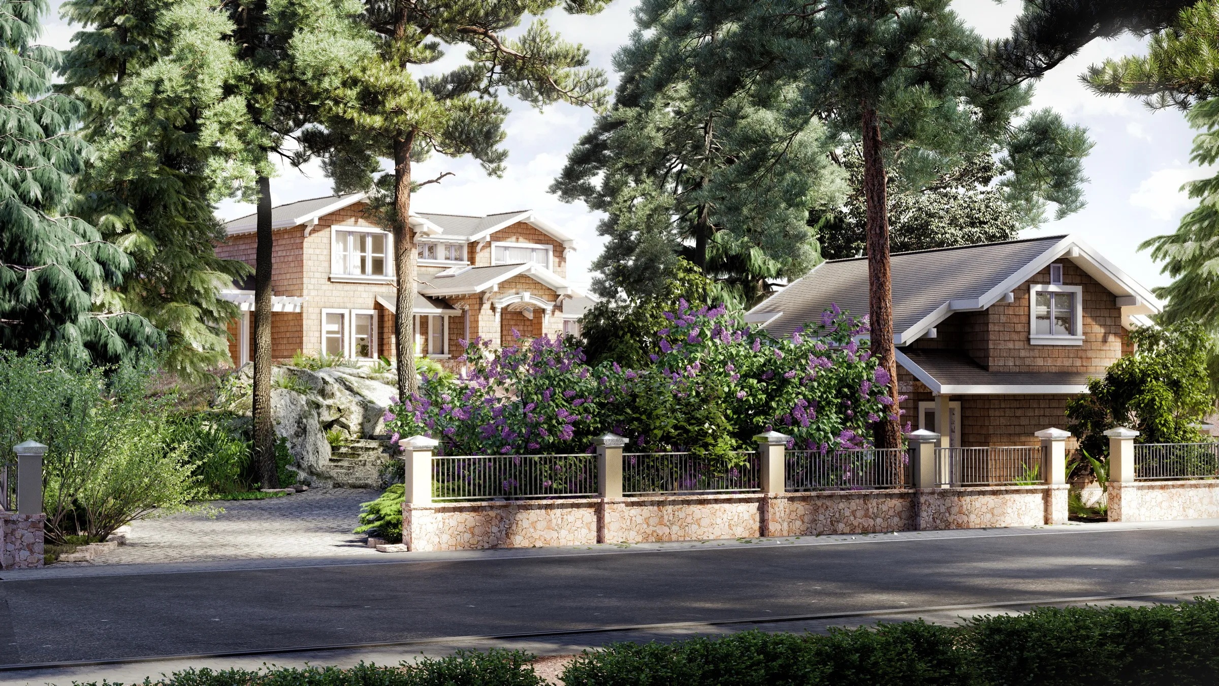 Photorealistic 3D rendering by NoTriangle Studio of a Craftsman style house and coach house on The Highway, West Vancouver, clad in cedar shingles among tall pines and lilac, behind a stone wall with iron railings along the street.
