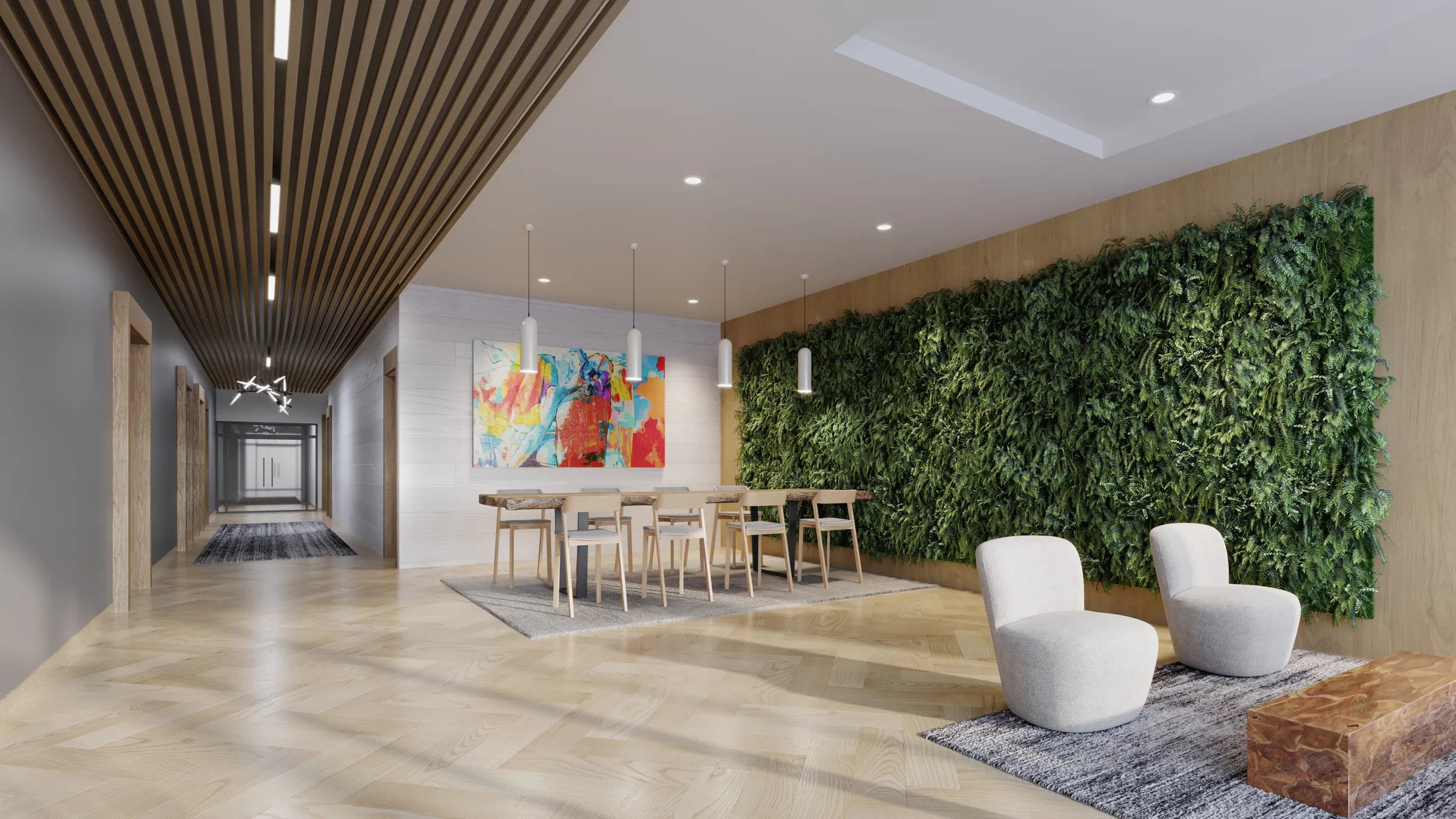 3D rendering of The Ivy’s renovated lobby, with a slatted-wood ceiling, a long communal table under pendant lights, a colorful abstract canvas, and a full-height living green wall beside lounge seating.