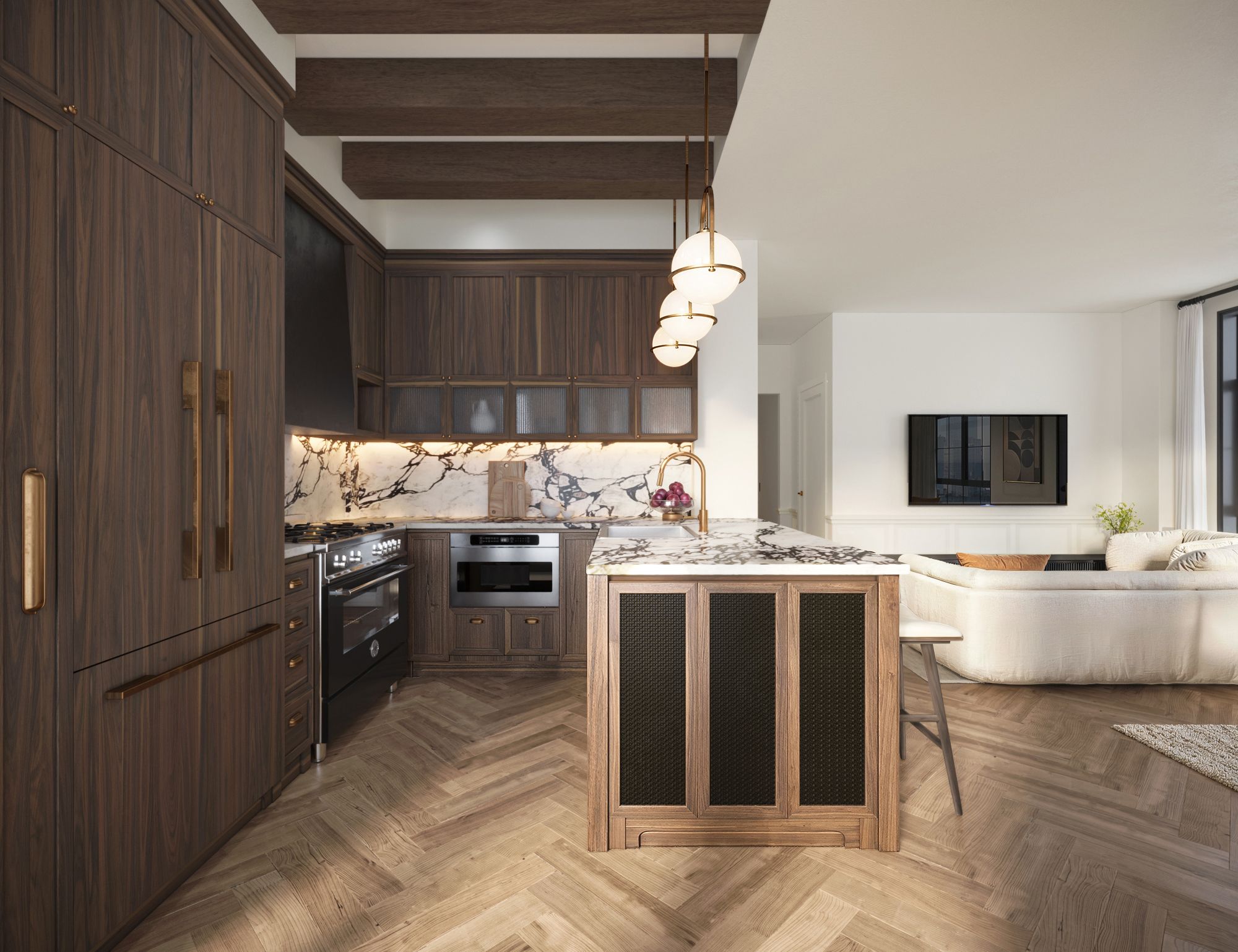 3D rendering of an Orson Williamsburg kitchen with walnut Shaker cabinetry, Calacatta marble, a bespoke metal hood, and a caned island open to the living room