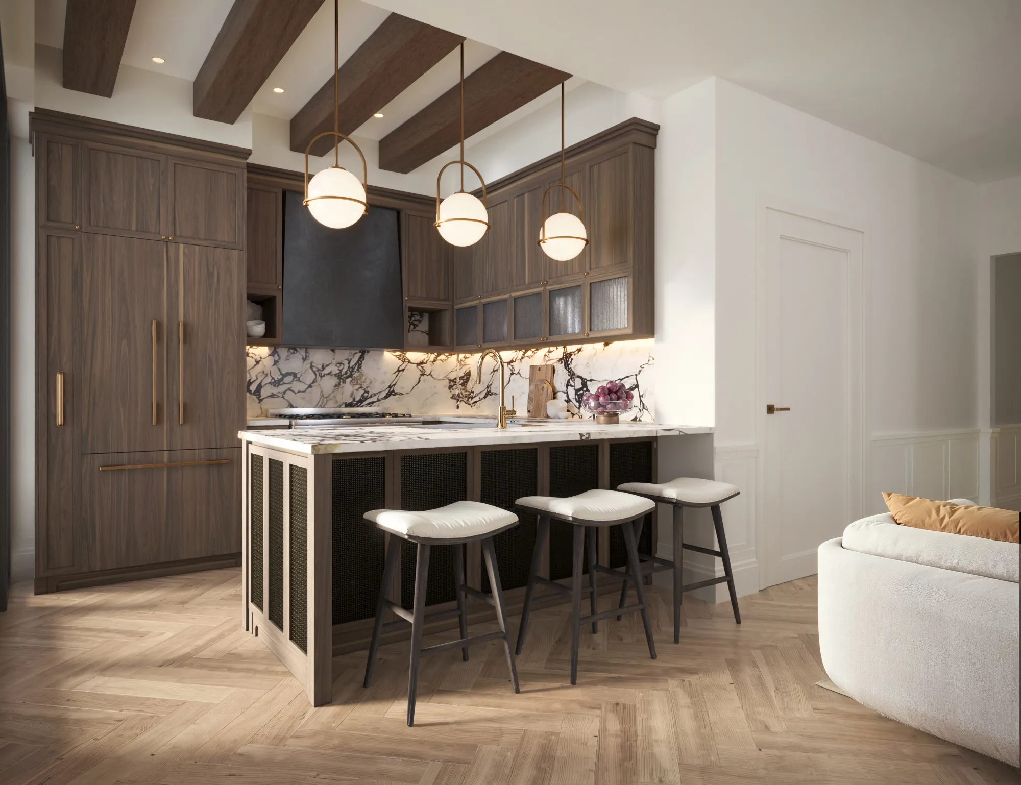 3D rendering of the Orson Williamsburg kitchen island with three bar stools, globe pendant lights, and a marble waterfall countertop