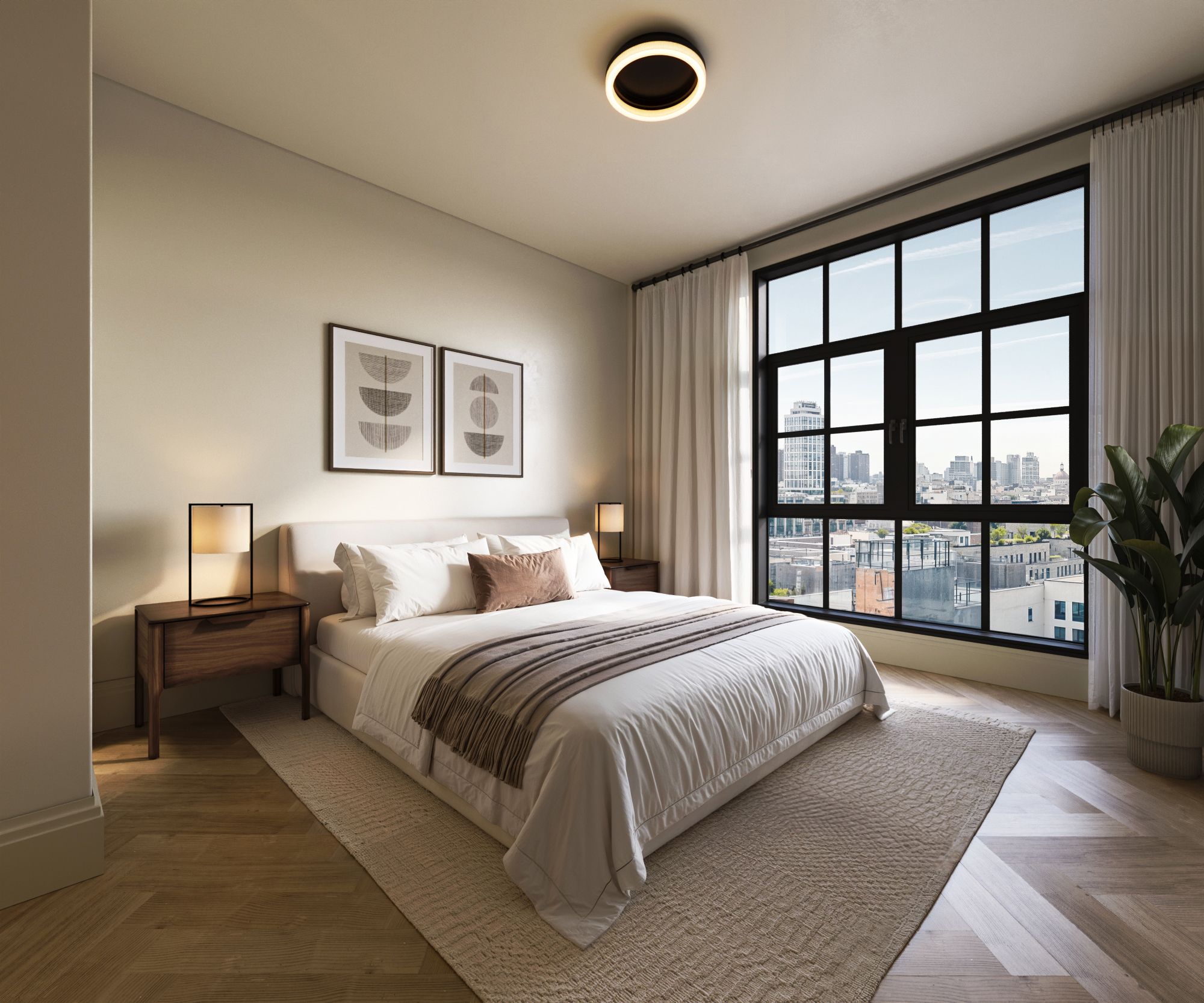 3D rendering of an Orson Williamsburg bedroom with a large black-framed corner window, walnut nightstands, neutral bedding, and views over Brooklyn rooftops