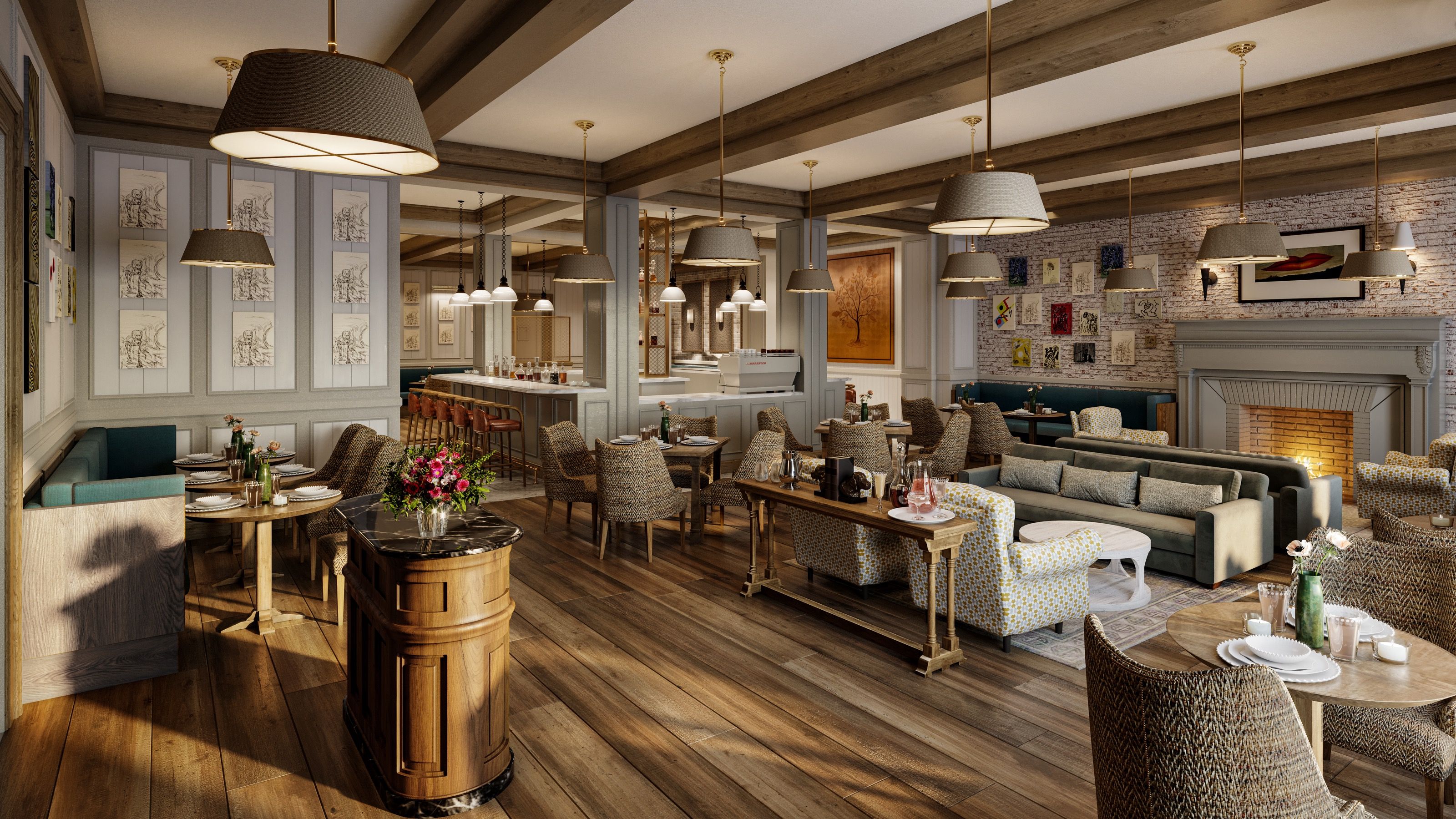 Interior 3D rendering of All-Day Dining at The 'Quin House, a relaxed beamed-ceiling cafe and lounge with a bar at the back, mixed lounge and cafe seating, a brick fireplace, drum pendants, and wide-plank wood floors.