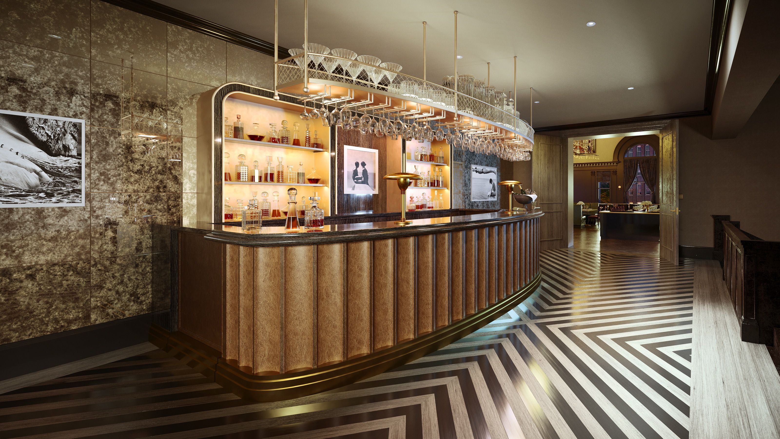 Interior 3D rendering of the Dive Bar at The 'Quin House, a moody gold-toned bar with antiqued mirror walls, a fluted wood-front counter, a suspended overhead glass rack, and herringbone-pattern flooring.