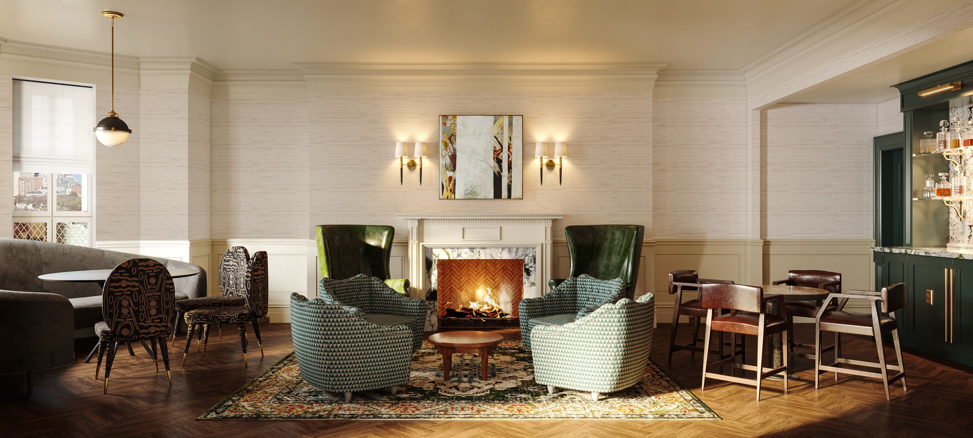 Interior 3D rendering of the Founders Room at The 'Quin House, an elegant cream grasscloth parlor with a white marble fireplace, art over the mantel flanked by sconces, deep-green velvet wing chairs, a curved banquette with patterned chairs, and a green bar at right.