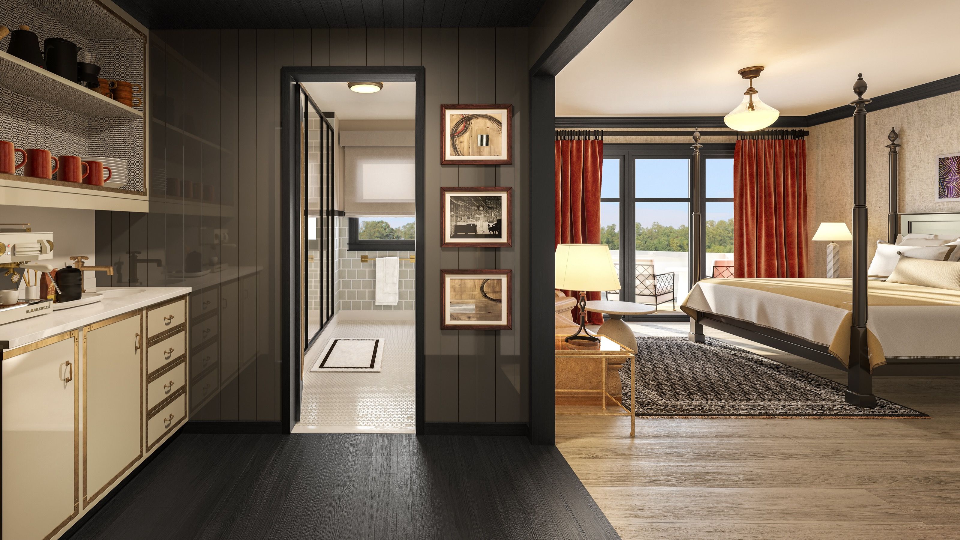 Interior 3D rendering of a guest room at The 'Quin House with a four-poster bed, red drapery framing a city view, a kitchenette and wet bar, framed art, and an ensuite bathroom glimpsed through the doorway.